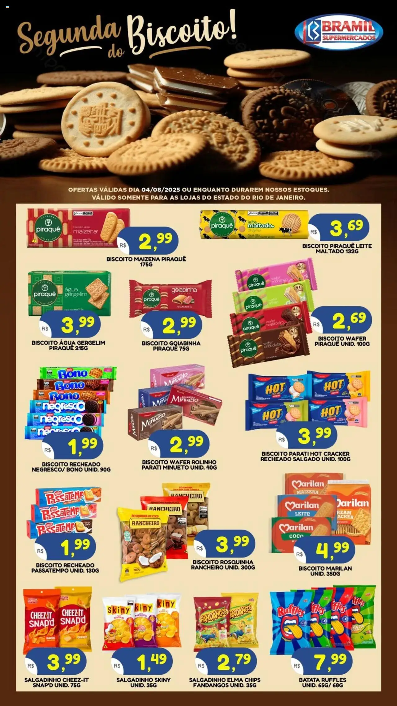 Bramil Supermercados folheto "Ofertas Segunda do Biscoito" válido a partir de 04/08/2025 - número de página 1 - Coco, Biscoito, Leite, Batata, Gergelim, Rosquinha, Biscoito recheado, Biscoito parati