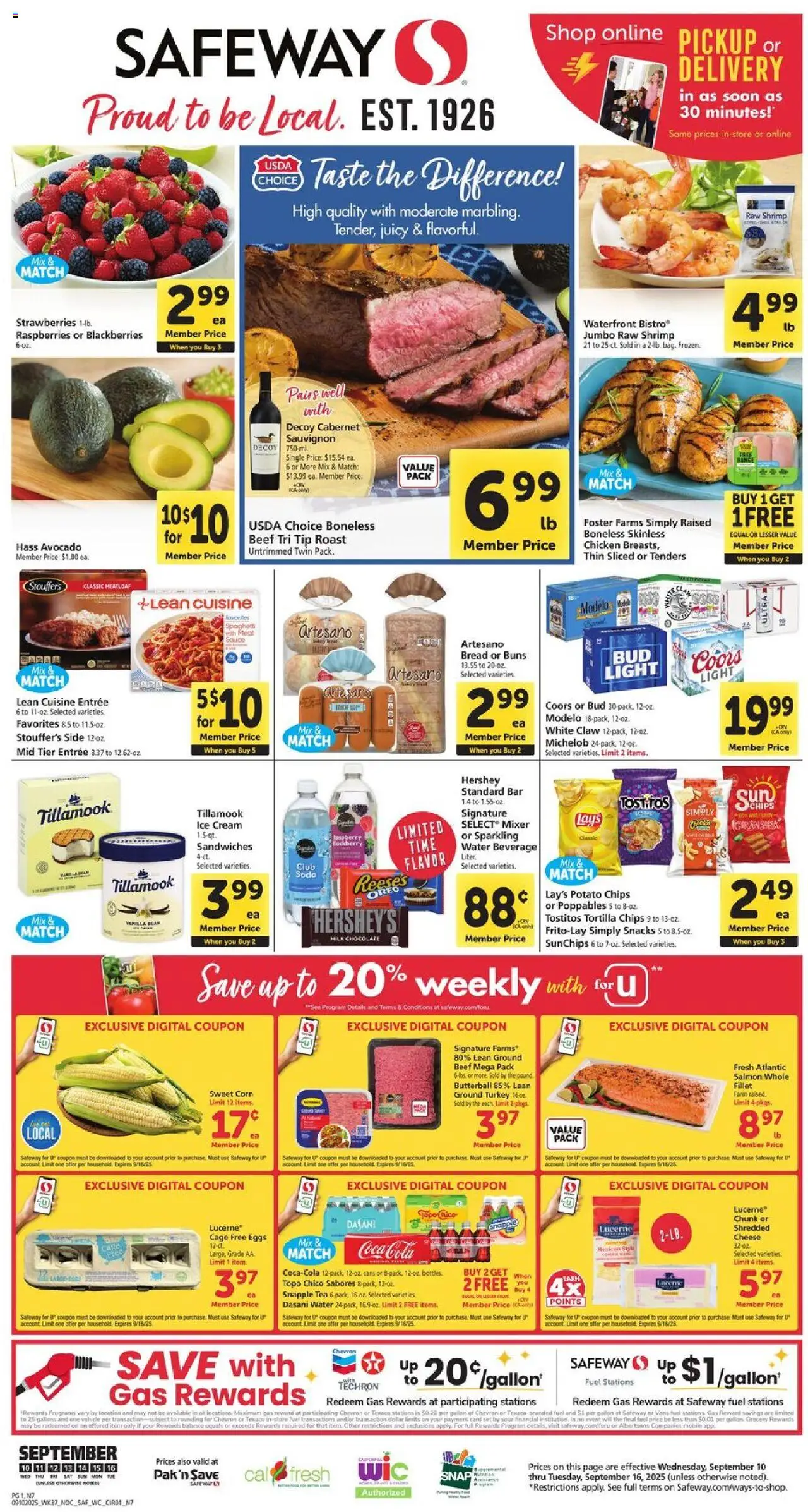 Ad Preview of Safeway Weekly Ad from 09/10/2025 - Water, Eggs, Snacks, Cheese, Raspberries, Potato chips, Vanilla bean, Tortilla chips