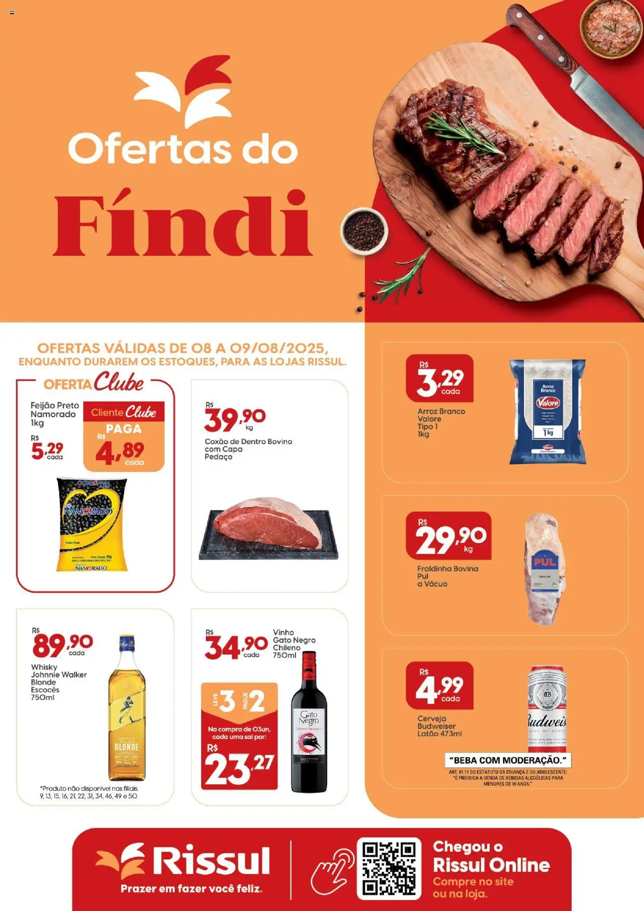 Rissul folheto "Ofertas do Fíndi" válido a partir de 08/08/2025 - número de página 1 - Whisky, Cerveja, Vinho, Bebidas, Arroz, Feijão, Fraldinha