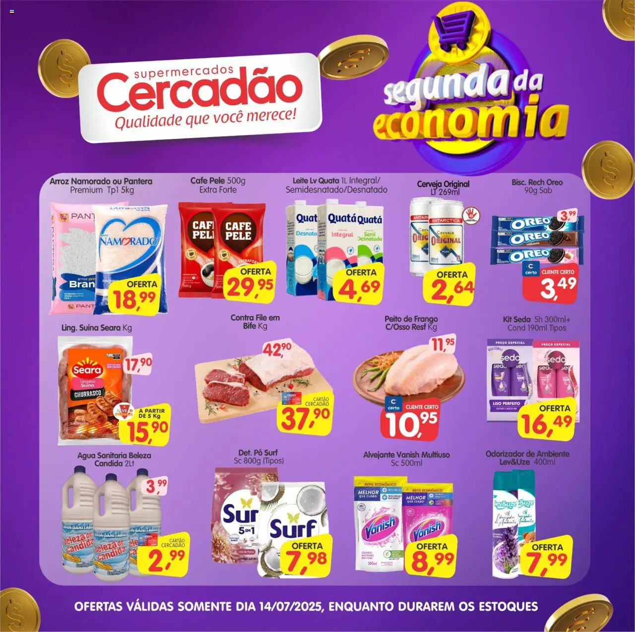 Cercadão folheto "Ofertas da semana" válido a partir de 14/07/2025 - número de página 1 - Pó, Cloro, Alvejante, Contra filé, Café, Arroz, Vanish, Água sanitária