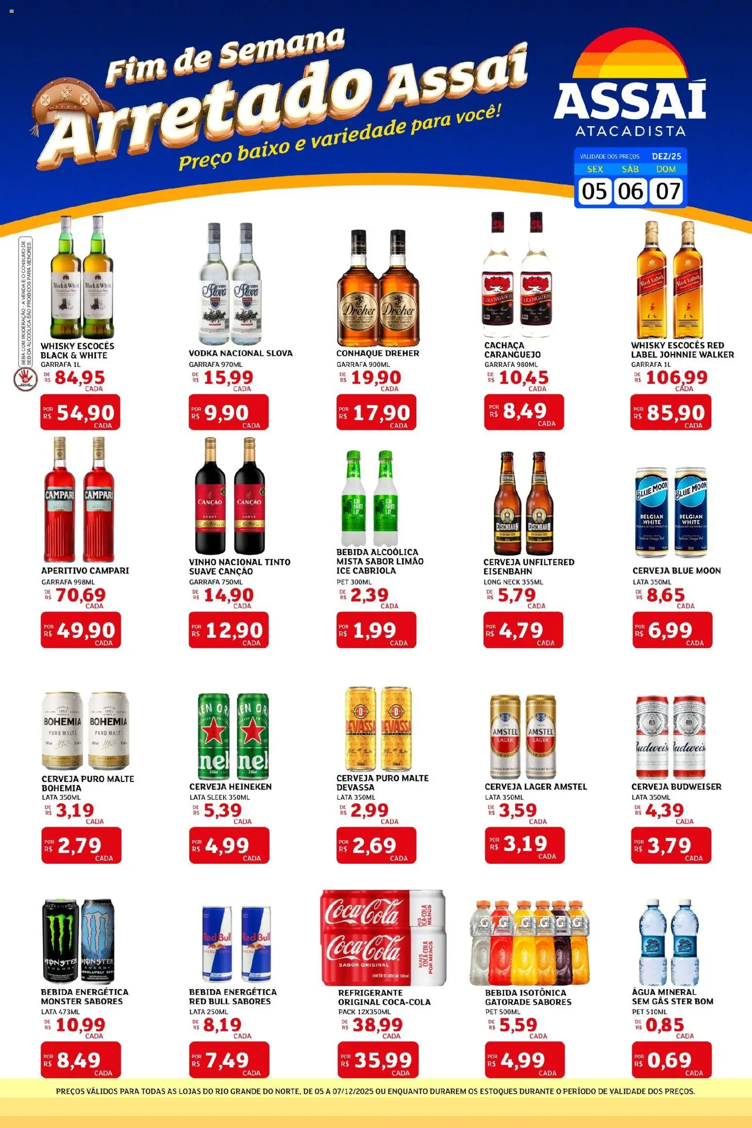 Pré-Visualização do folheto "Encarte - RN" da loja Assaí Atacadista válido a partir de 05/12/2025 - Whisky, Cerveja, Vinho, Campari, Cola, Baixo, Água mineral, Bebida energética
