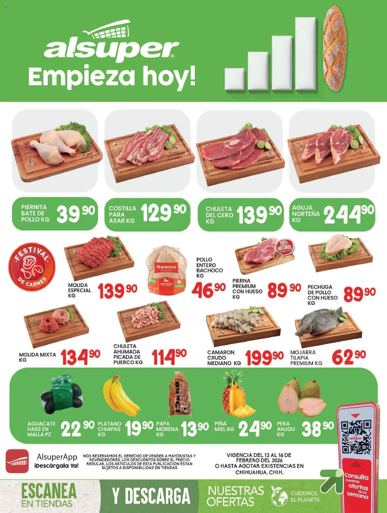 Vista previa las ofertas de la tienda Alsuper - Folleto Chihuahua Capital desde el 13/02/2026 - Pollo, Aguacate, Pera, Miel, Tilapia, Sobre, Chuleta ahumada, Malla