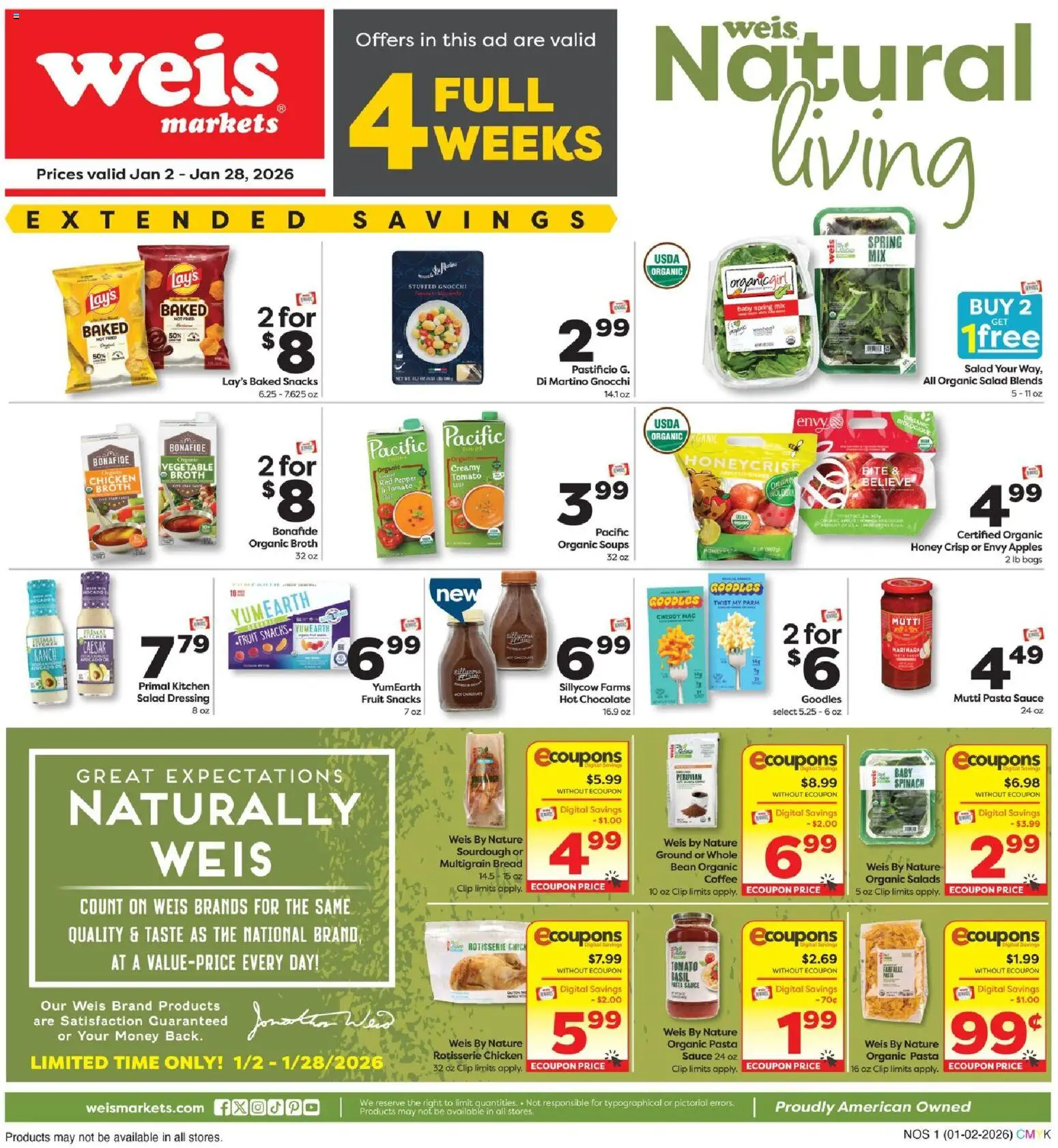 Ad Preview of Weis Natural & Living from 01/02/2026 - Pasta, Snacks, Fruit, Avocado, Gnocchi, Tomato, Spinach, Baby spinach