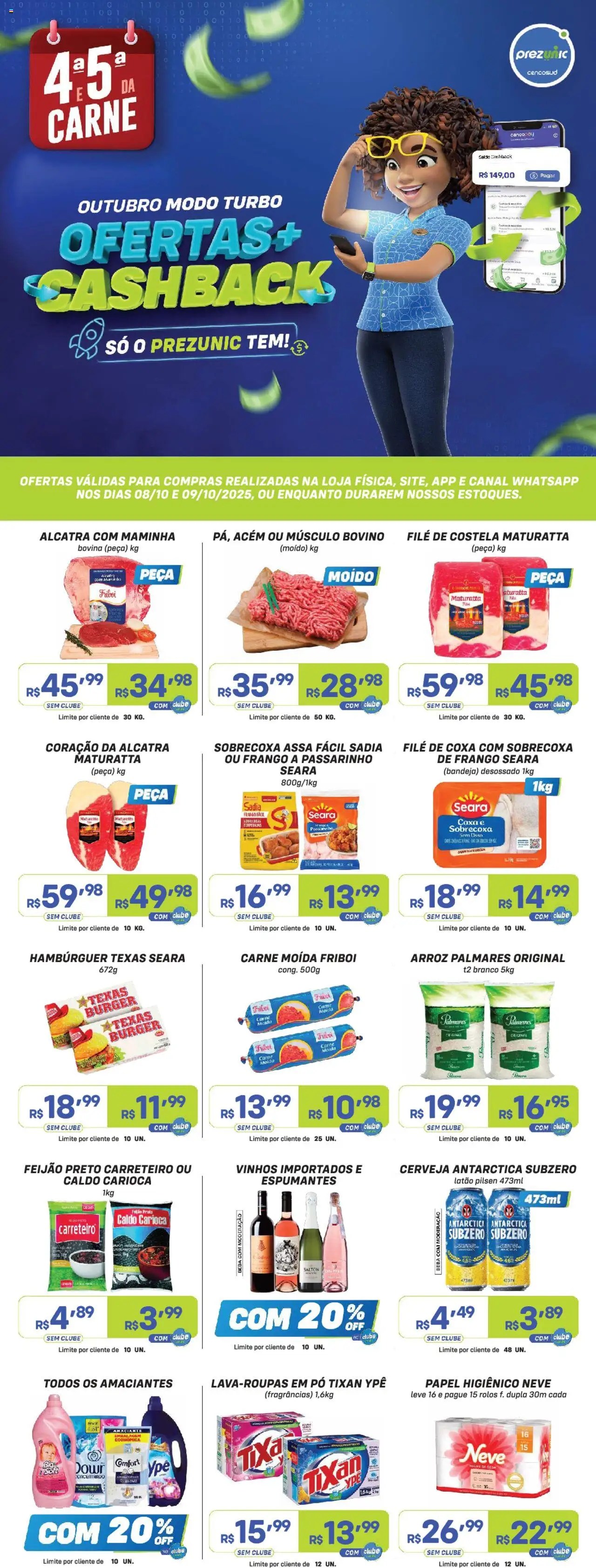 Prezunic folheto "Encarte" válido a partir de 08/10/2025 - número de página 1 - Arroz, Frango, Amaciante, Pó, Bandeja, Filé de costela, Acém, Carne moida friboi
