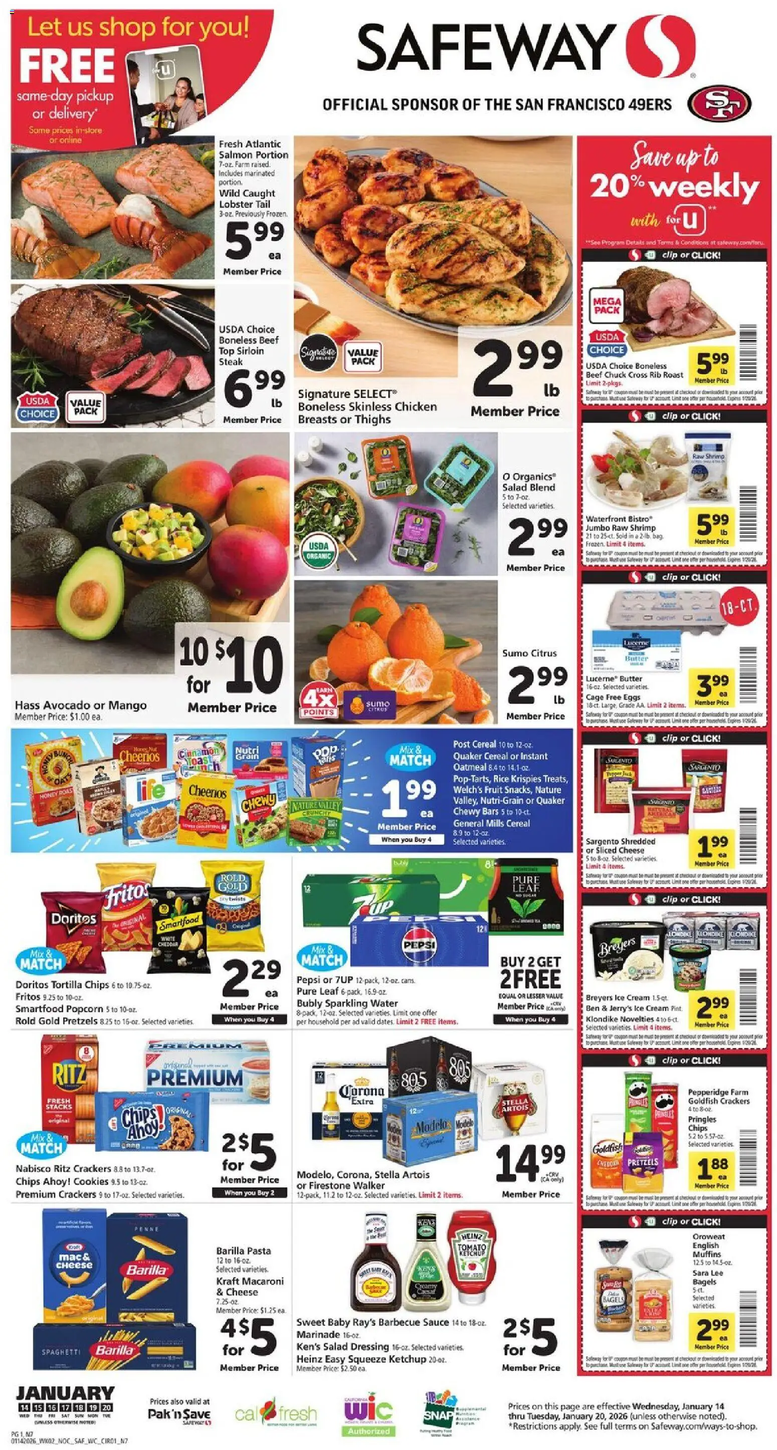 Ad Preview of Safeway Weekly Ad from 01/14/2026 - Pasta, Steak, Salad, Popcorn, Rice, Pepsi, Cream, Ben & Jerry’s ice cream
