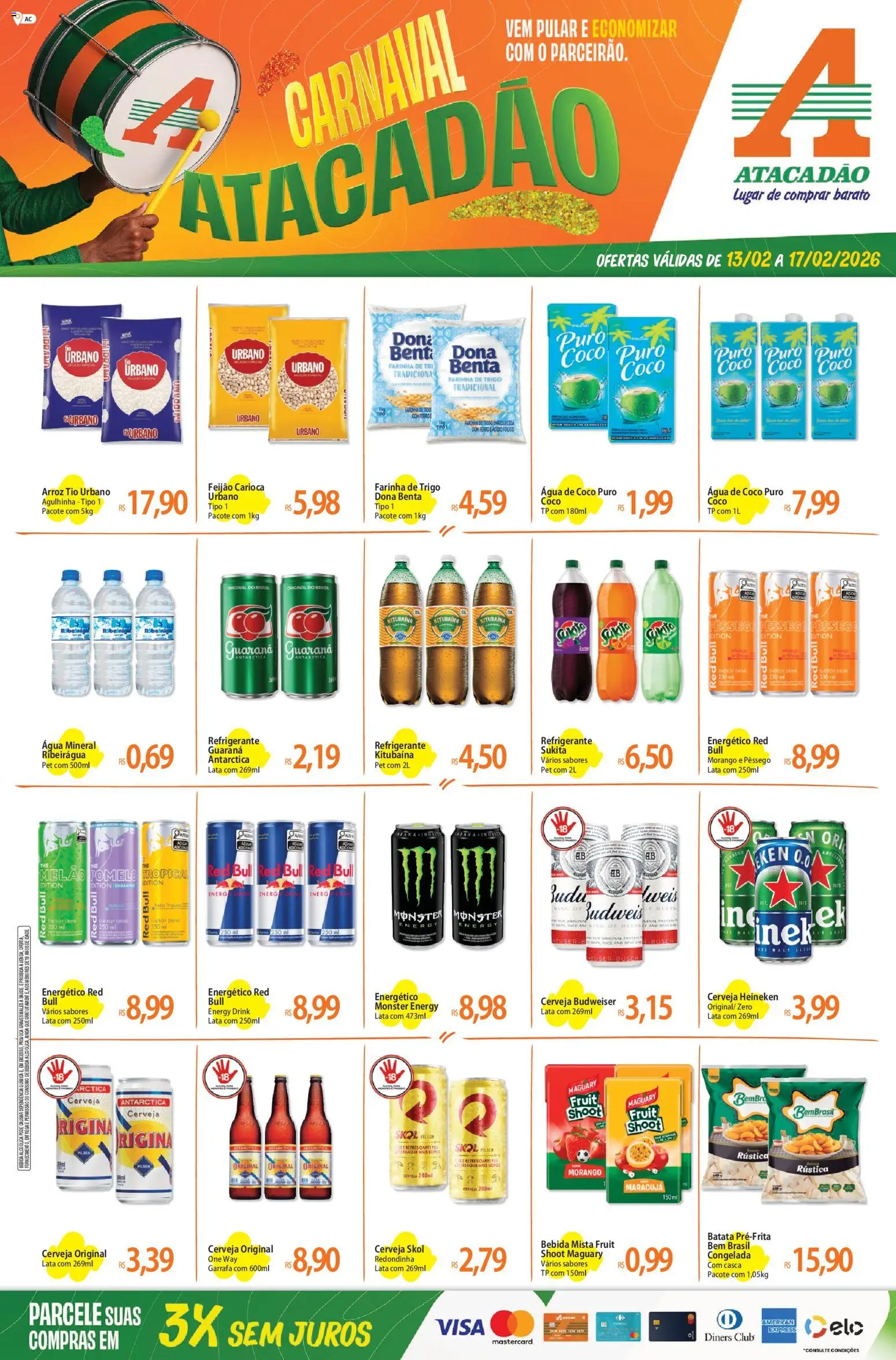 Pré-Visualização do folheto "Ofertas - AC" da loja Atacadão válido a partir de 13/02/2026 - Coco, Monster, Feijão, Maracujá, Energético, Pomelo, Melão, Guaraná