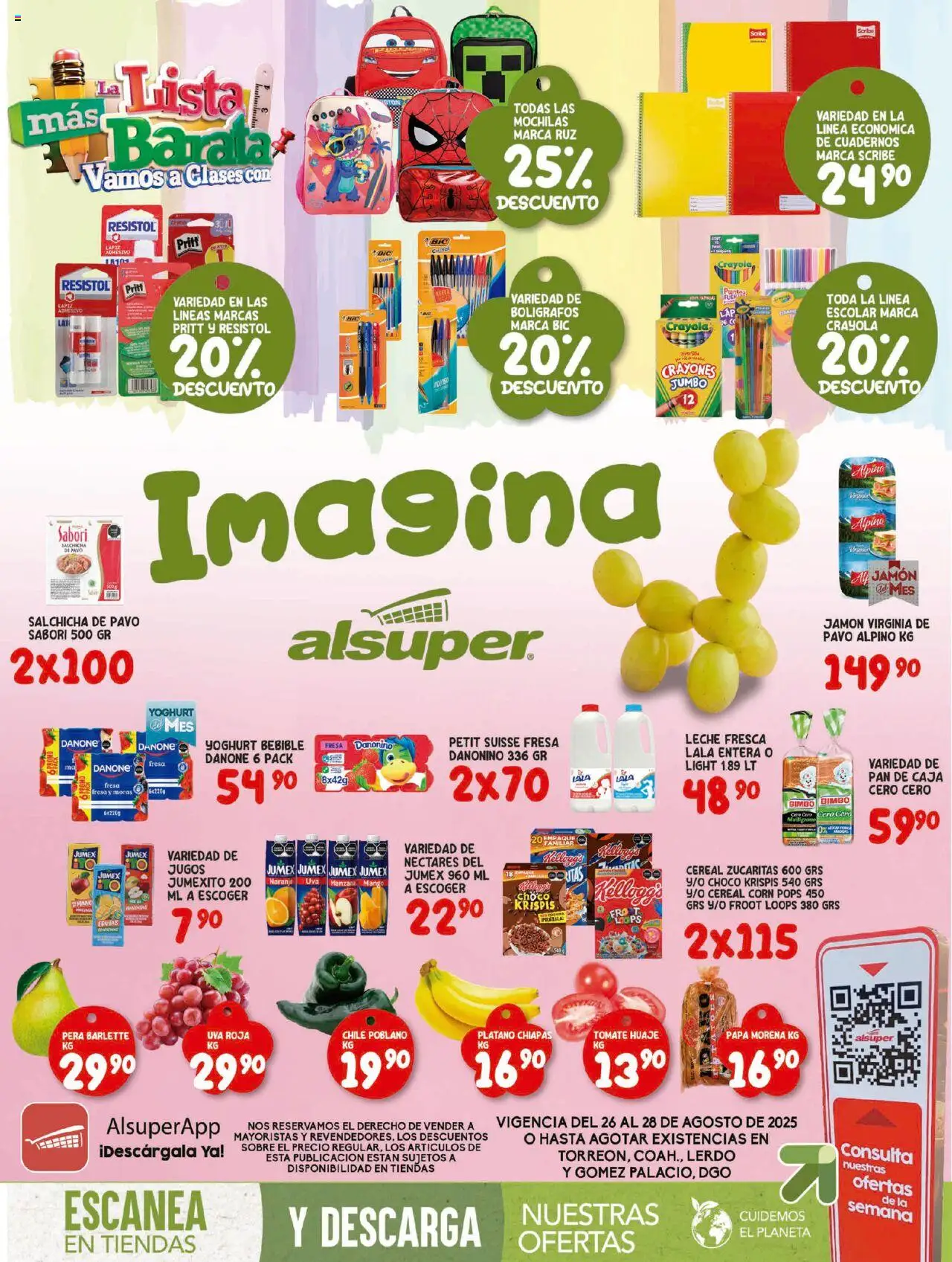 Folleto - Laguna Alsuper y sus promociones válidas desde el 26/08/2025 - Número de página 1 - Papa, Pan, Fresa, Plátano, Leche, Pavo, Cuadernos, Notebook