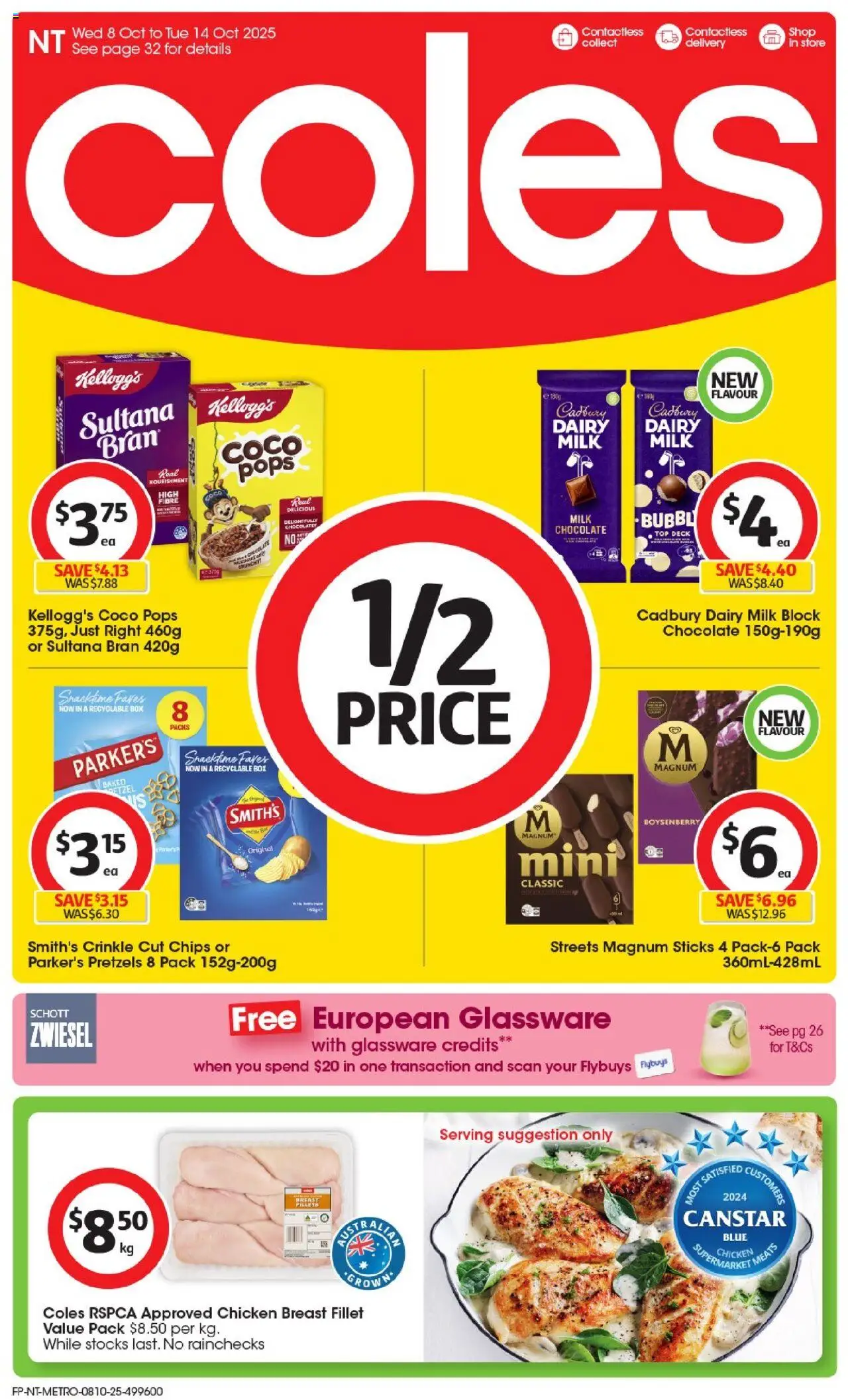 Coles catalogue valid from 08/10/2025 - page 1 - Box, Milk, Dairy, Chocolate, Chicken, Chicken breast, Chips, Pretzels