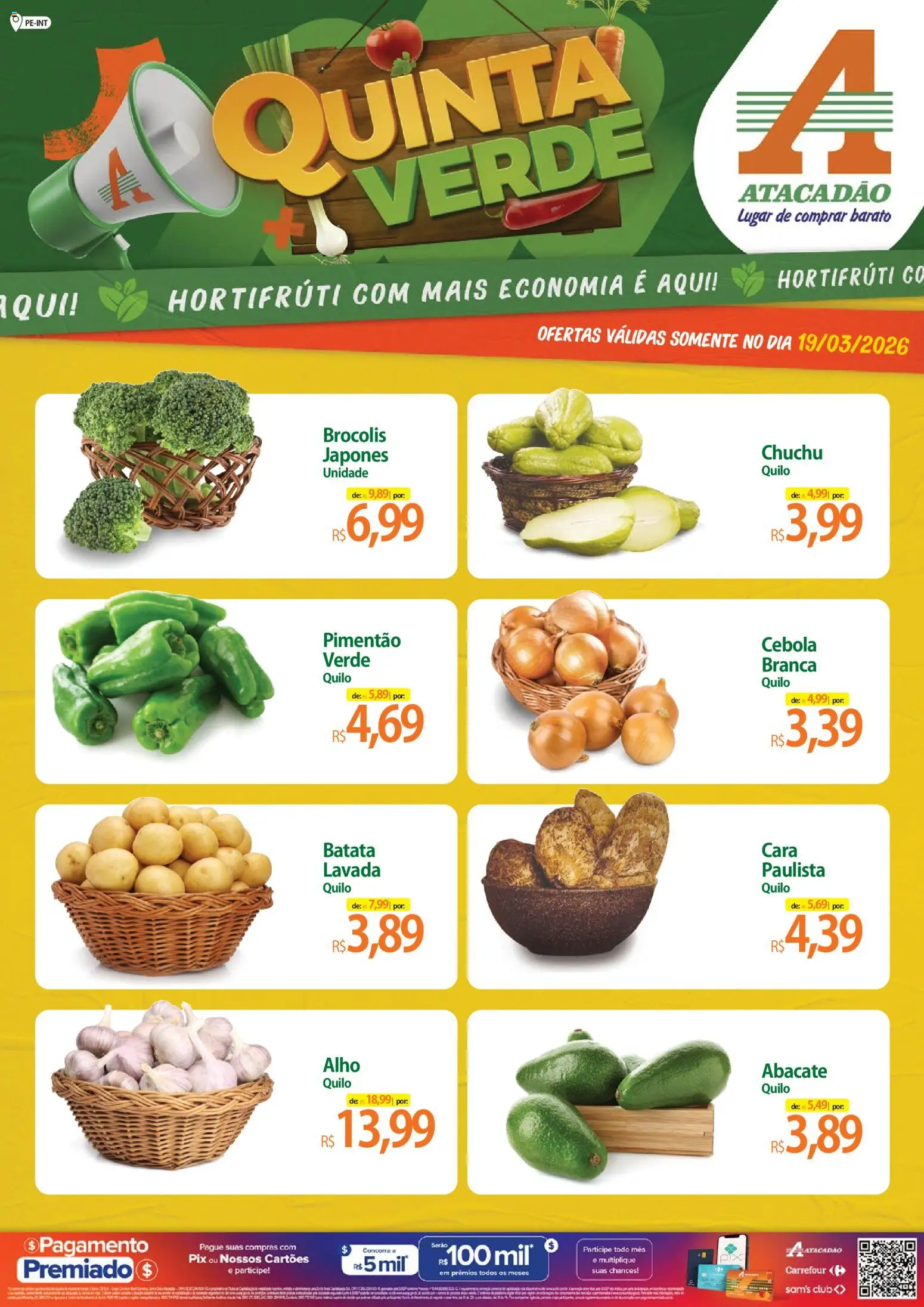 Pré-Visualização do folheto "Atacadão ofertas - PE" da loja Atacadão válido a partir de 19/03/2026 - Brócolis, Chuchu, Batata, Abacate, Cebola, Alho, Cará, Pimentão