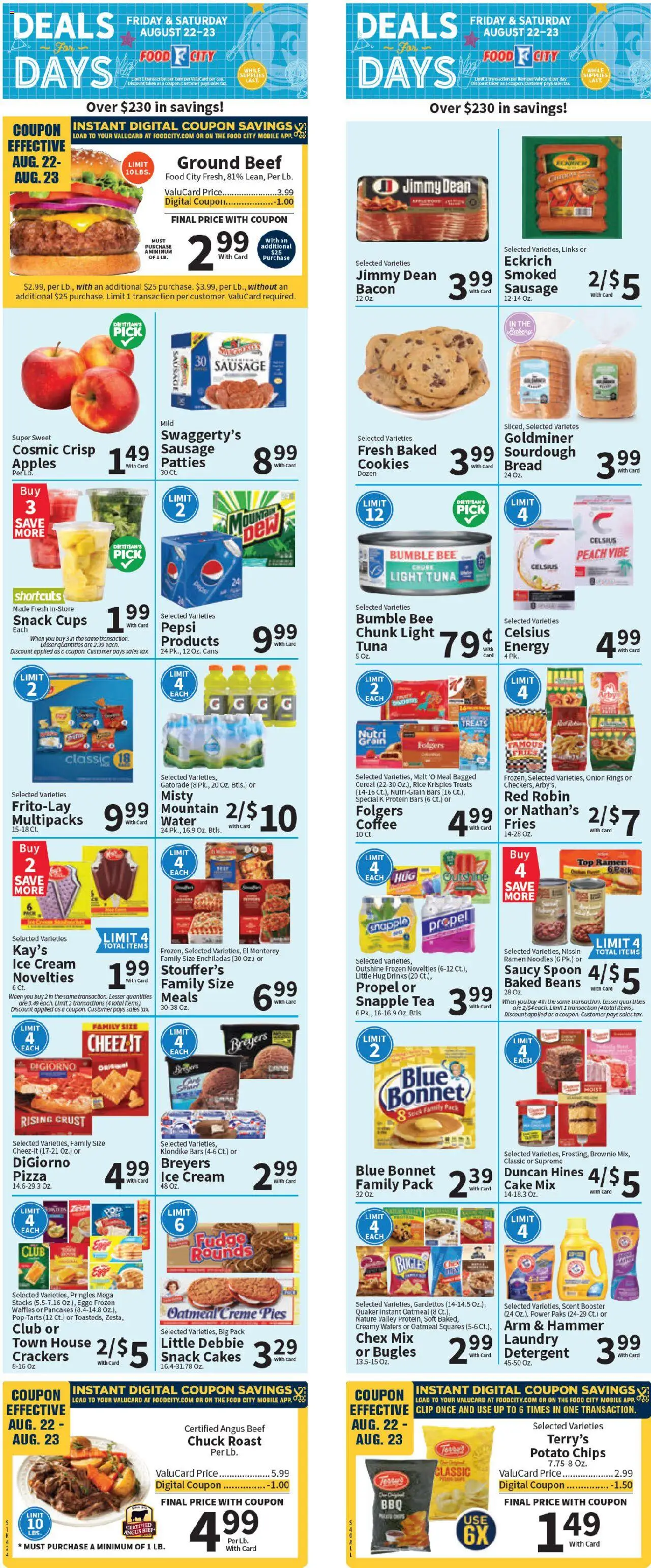 Food City Weekly Ad from 08/20/2025 - Flyer - Page number 1 - Pizza, Ice cream, Cookies, Tea, Bread, Sausage, Tuna, Crackers