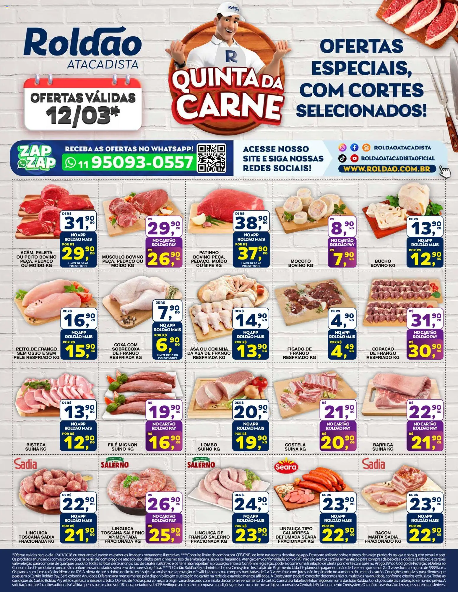 Pré-Visualização do folheto "Roldão ofertas Quinta da Carne" da loja Roldão válido a partir de 12/03/2026 - Bebidas, Base, Carne, Frango, Bacon, Linguiça, Filé mignon, Barriga suína