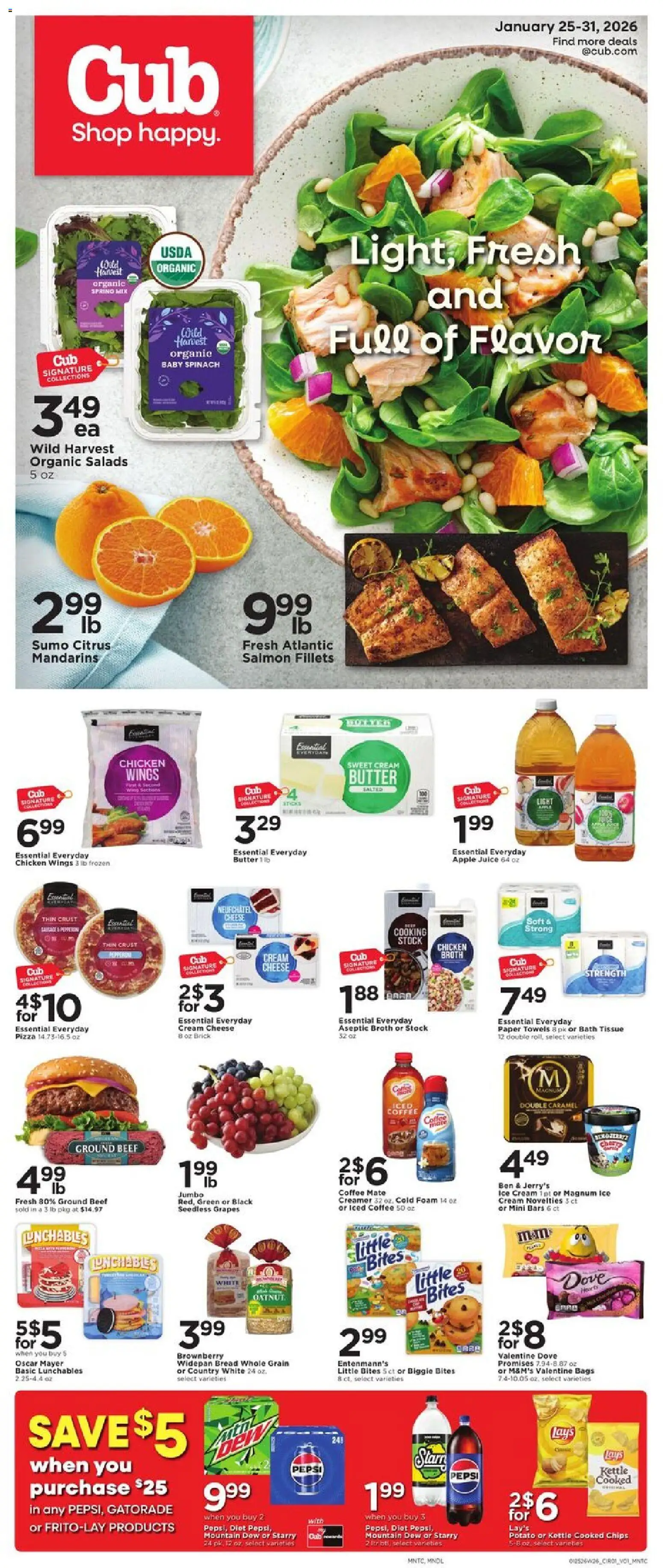 Ad Preview of Cub Foods Weekly Ad from 01/25/2026 - Coffee, Salmon, Juice, Pepsi, Mandarins, Bath, Apple juice, Baby spinach
