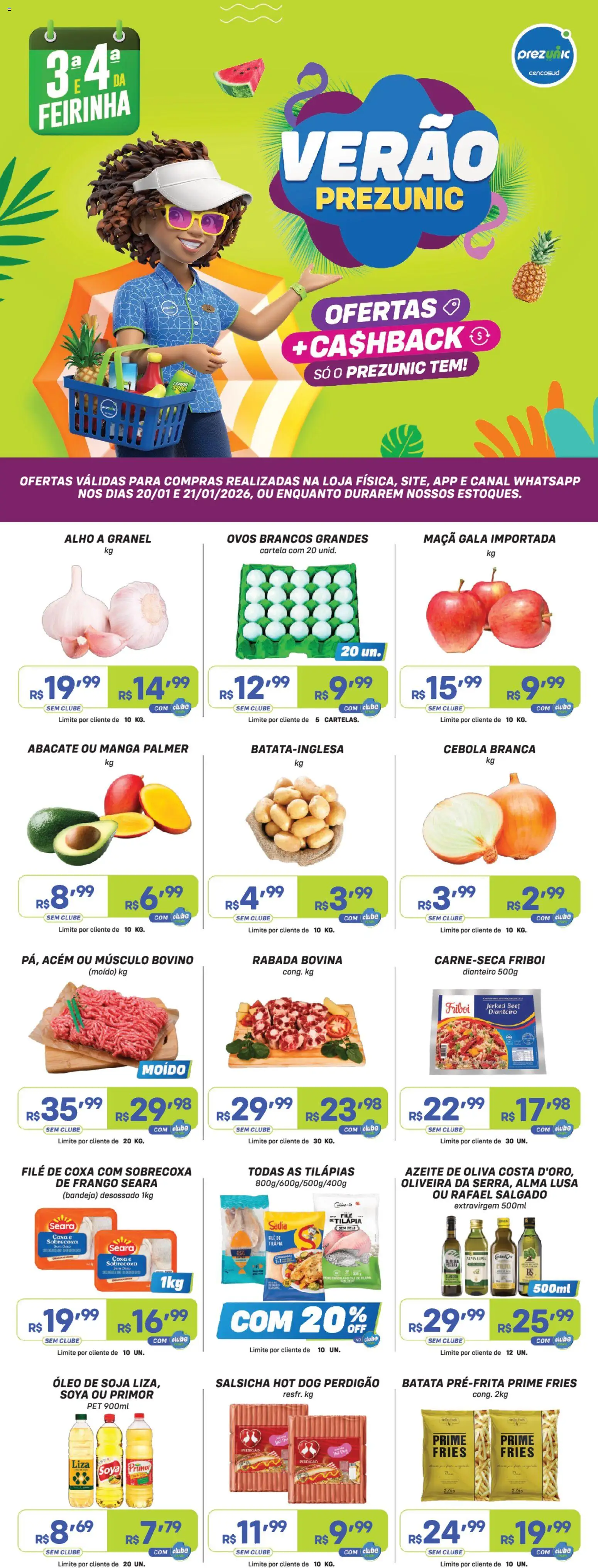 Pré-Visualização do folheto "Encarte" da loja Prezunic válido a partir de 20/01/2026 - Manga, Azeite, Soja, Pia, Cebola, Bandeja, Alho, Acém