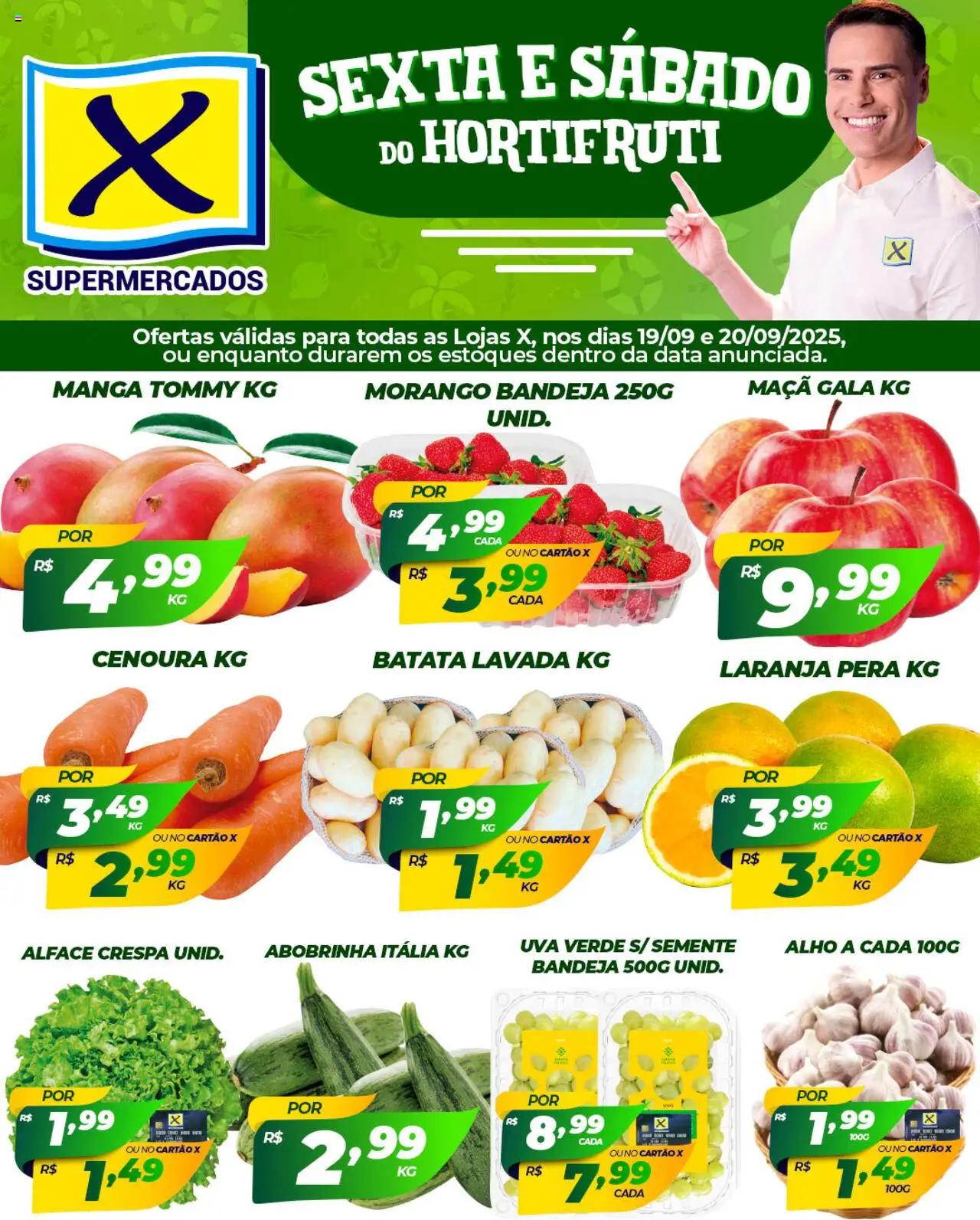 X Supermercados folheto "Ofertas Hortifruti" válido a partir de 19/09/2025 - número de página 1 - Manga, Uva, Batata, Pera, Abobrinha, Cenoura, Alface, Alho