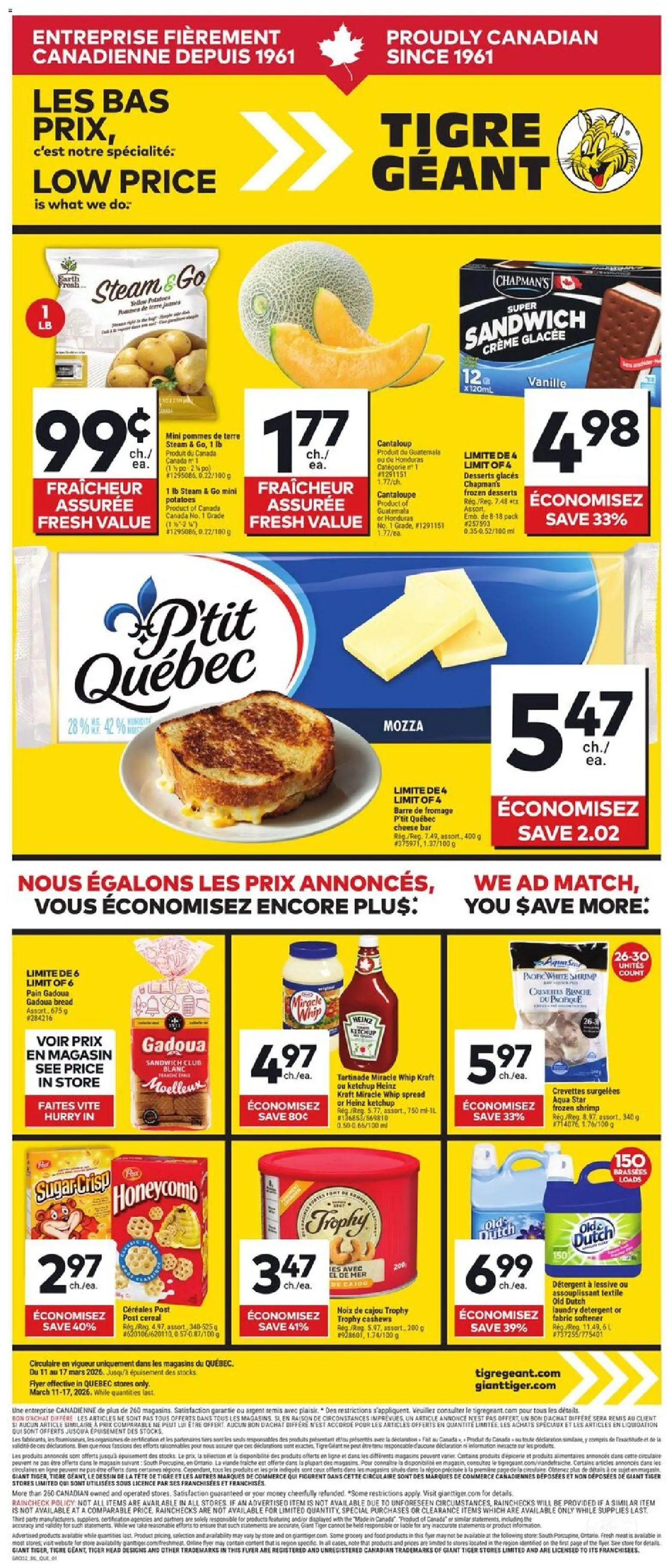 Preview of leaflet Giant Tiger weekly flyer / circulaire from shop Giant Tiger is valid from Mar 11, 2026 - Bread, Ice, Meat, Shrimp, Carrots, Decoration, Spread, Fabric softener