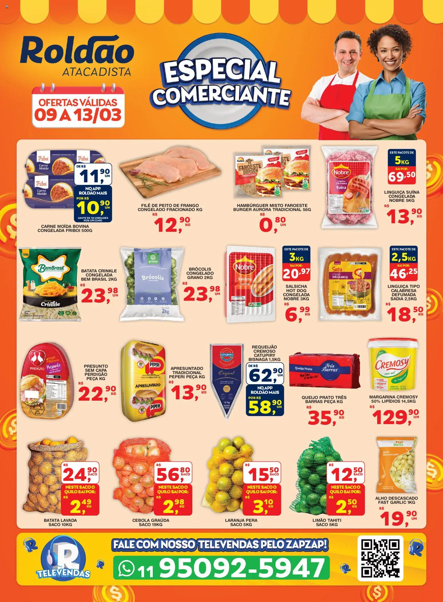 Pré-Visualização do folheto "Roldão ofertas Segunda Comerciante" da loja Roldão válido a partir de 09/03/2026 - Hambúrguer, Salsicha, Brócolis, Queijo, Carne, Linguiça, Presunto, Carne moída bovina