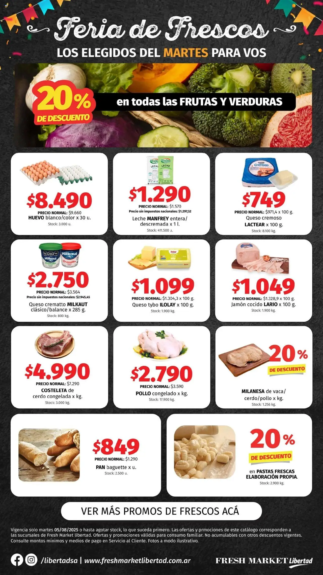 Hipermercado Libertad Feria de Frescos - DOT del 05/08/2025 Online - Milanesa, Pollo, Queso, Pan, Verduras, Leche, Jamón cocido, Jamón