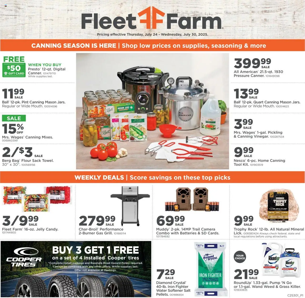 Mills Fleet Farm Weekly Ad from 07/24/2025 - Flyer - Page number 1 - Pump, Water, Salt, Flour, Camera, Bag, Trail Camera, Iron