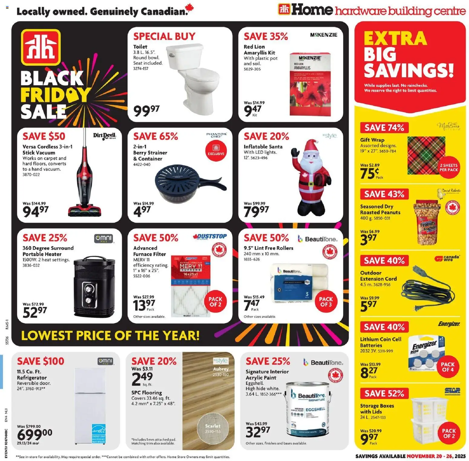 Preview of leaflet Weekly Flyer - NL from shop Home Hardware is valid from Nov 20, 2025 - Lids, Batteries, Refrigerator, Peanuts, Carpet