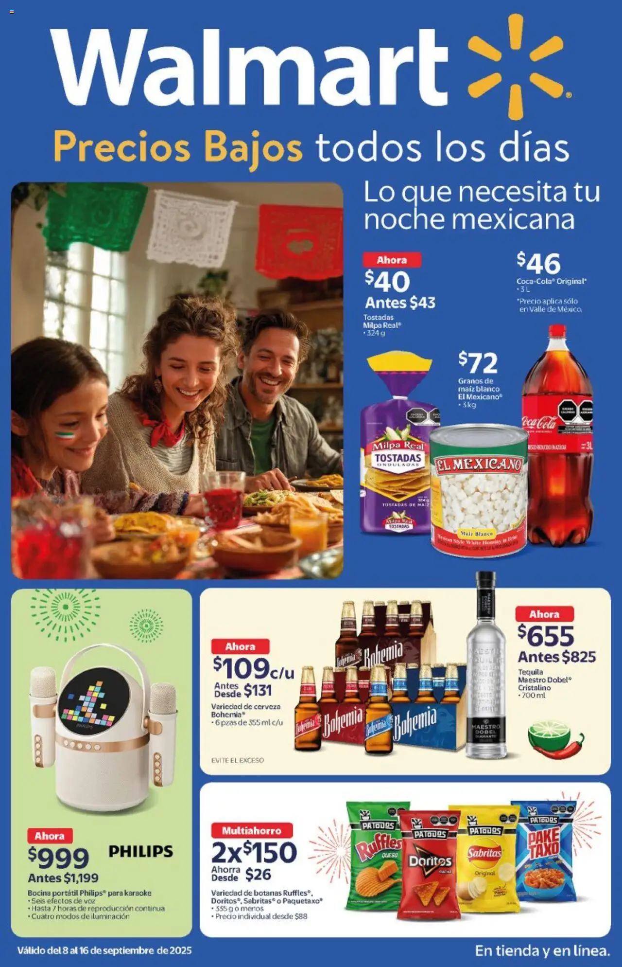 Folleto Tu Noche Mexicana Walmart y sus promociones válidas desde el 08/09/2025 - Número de página 1 - Tequila, Cerveza, Bocina, Maíz, Queso, Tostadas, Iluminación