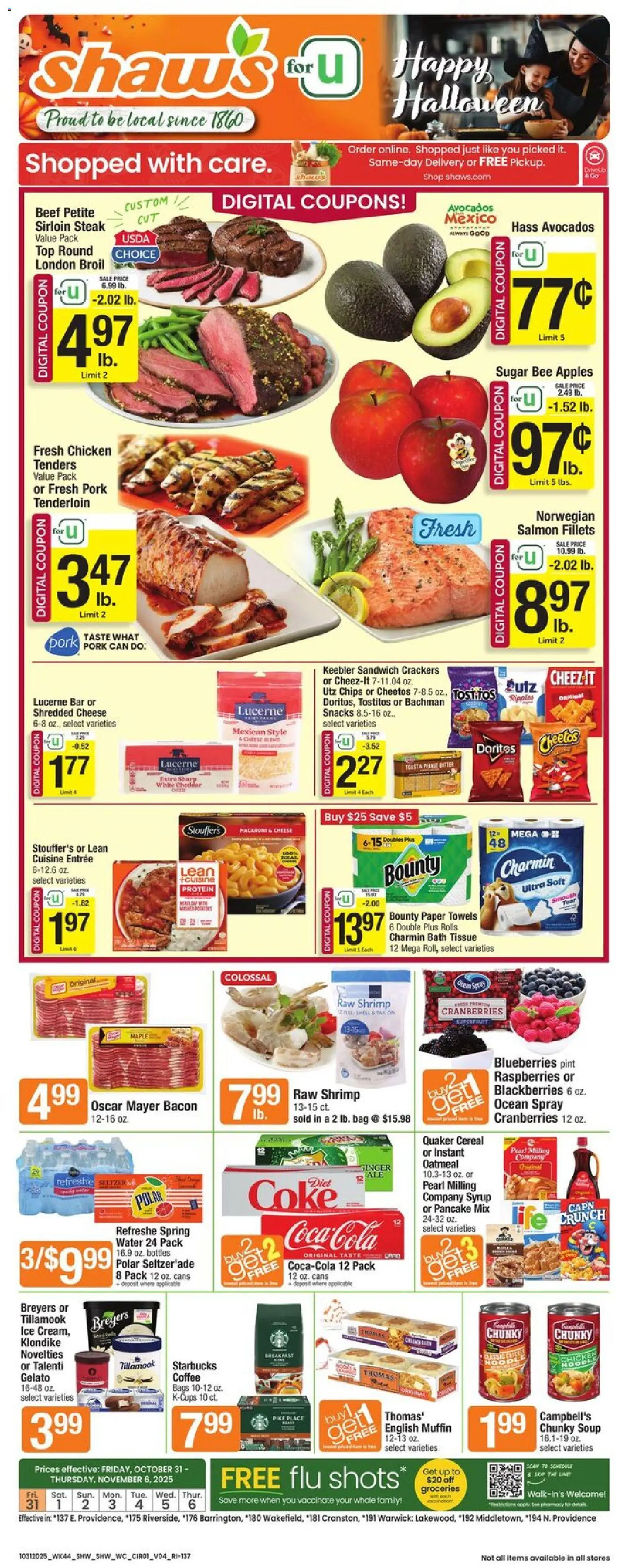 Ad Preview of Shaw's Weekly Ad - RI from 10/31/2025 - Steak, Snacks, Protein, Oatmeal, Bag, Bath, Paper towels, Chicken