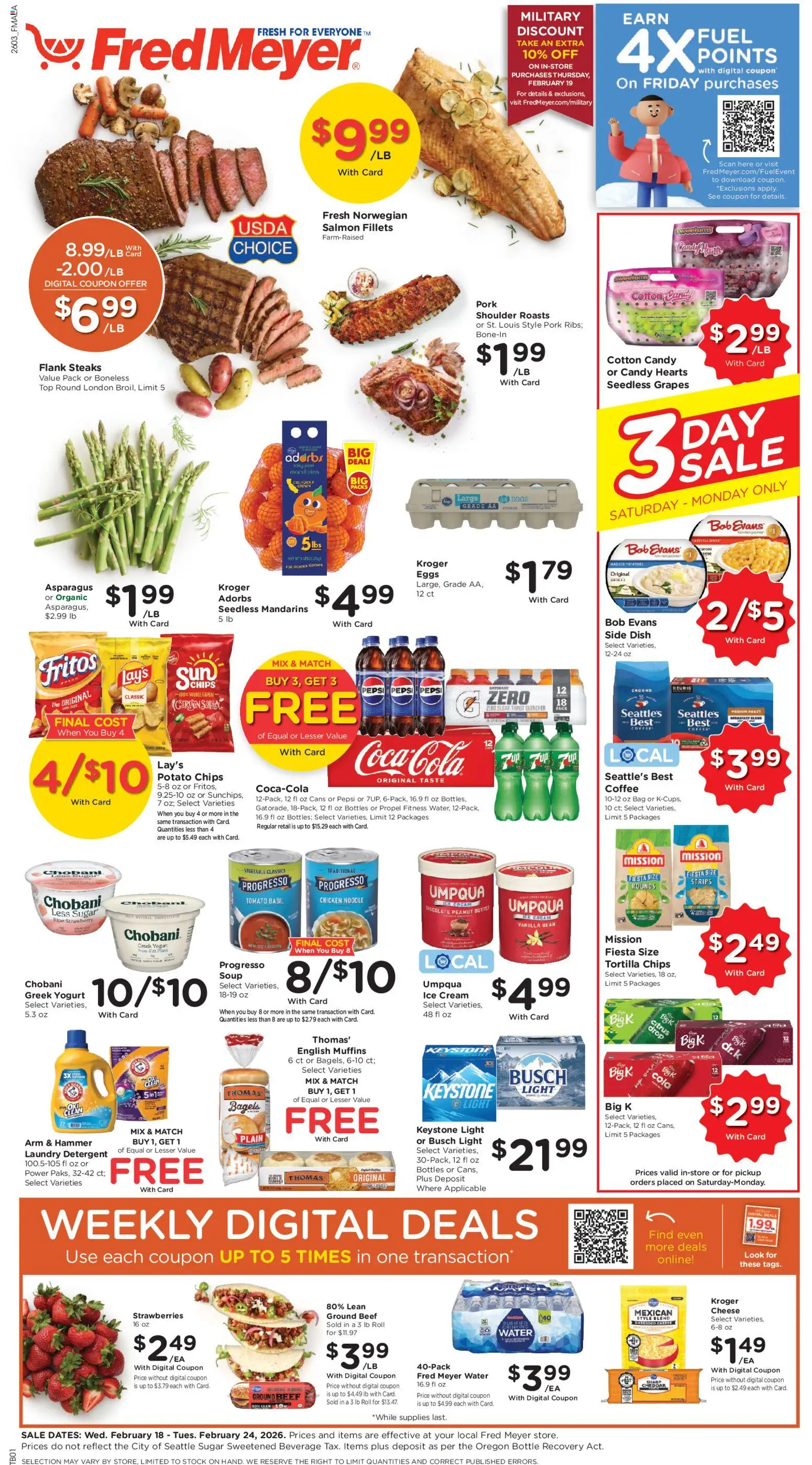 Ad Preview of Fred Meyer Weekly Ad from 02/18/2026 - Water, Strawberries, Cheese, Grapes, Greek yogurt, Mandarins, Vanilla bean, Strawberry ice cream