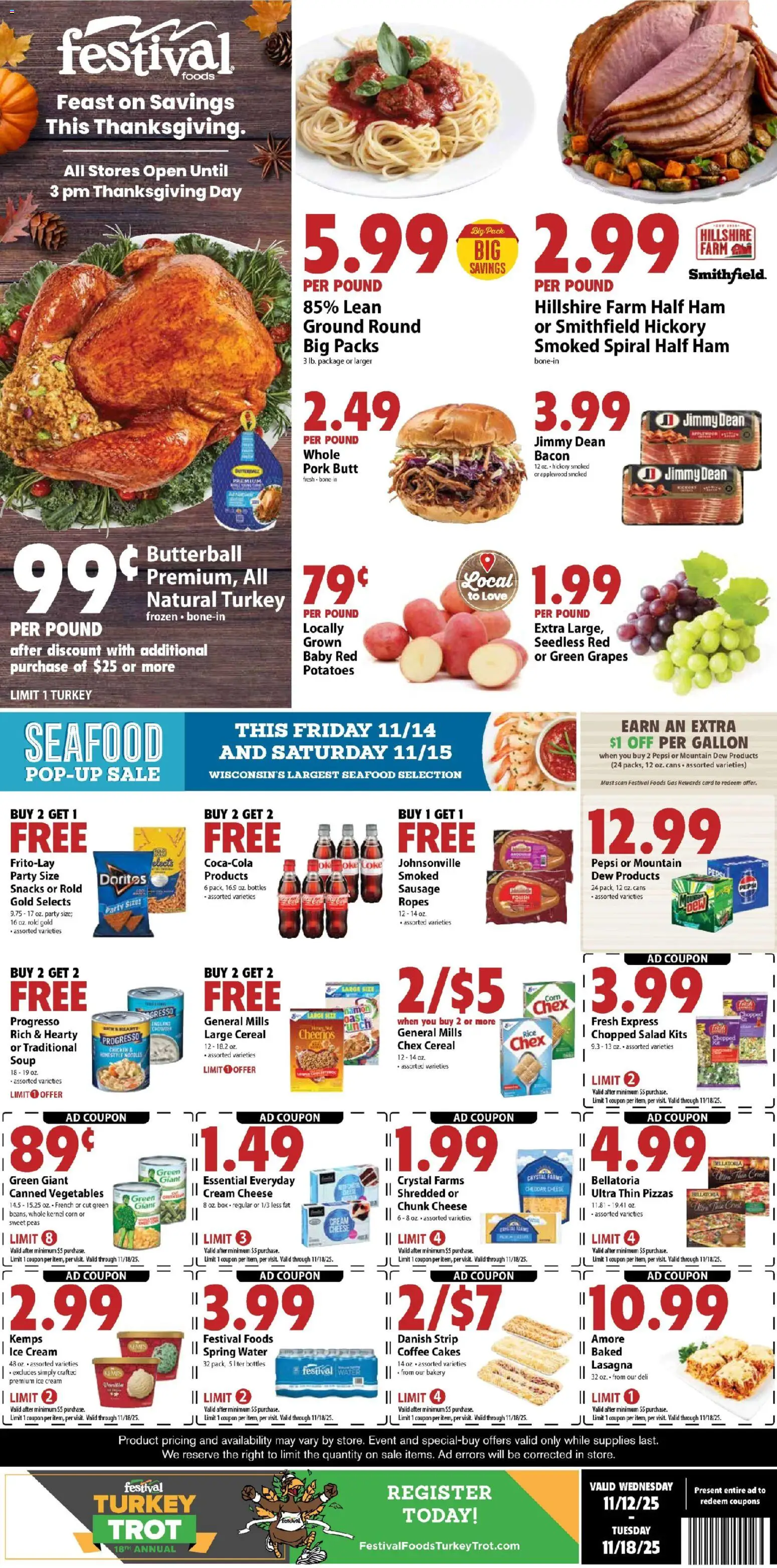 Ad Preview of Festival Foods Weekly Ad from 11/12/2025 - Vegetables, Cheese, Potatoes, Bacon, Sausage, Cream cheese, Cheddar cheese, Pork butt