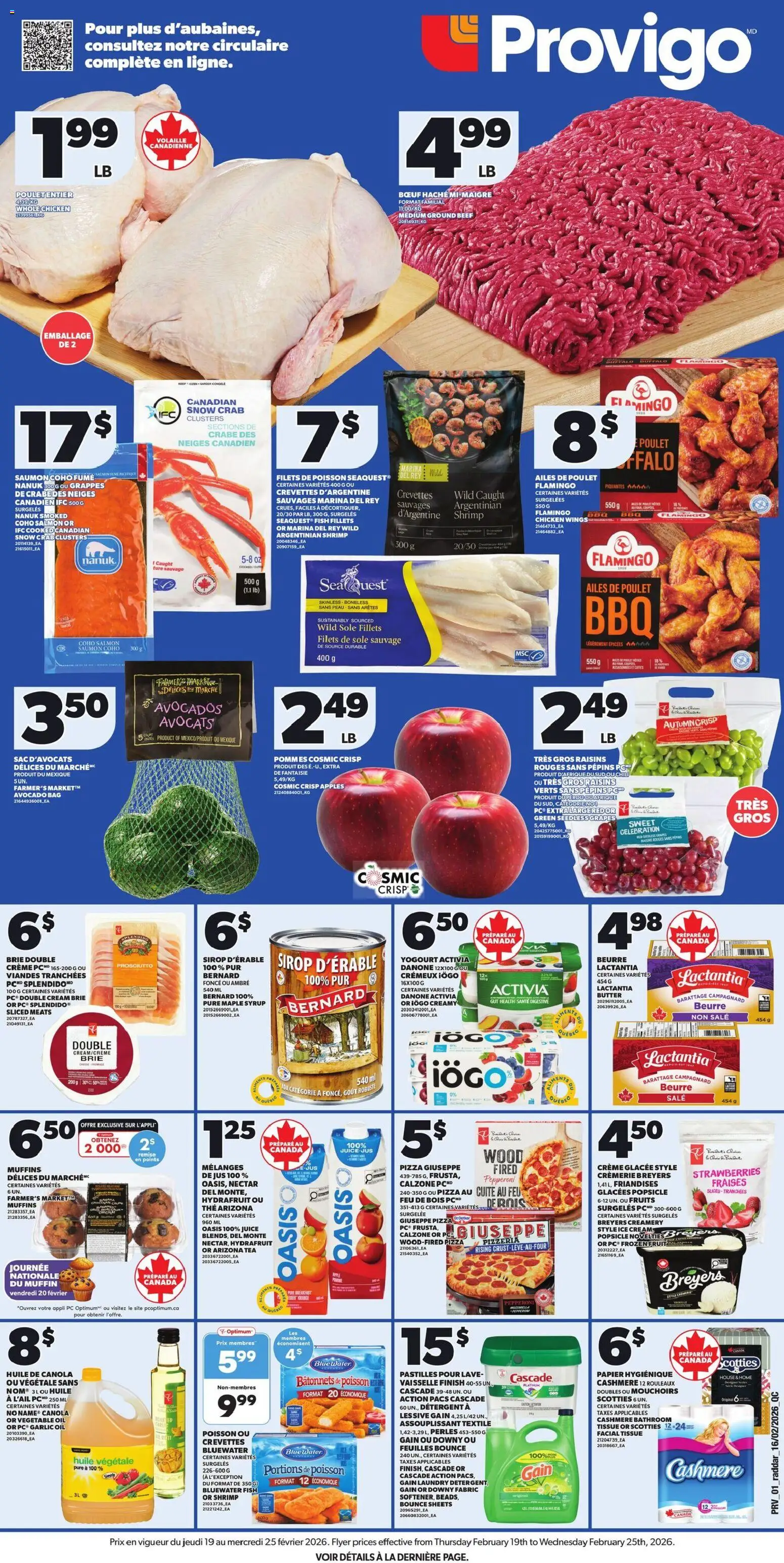 Preview of leaflet Weekly flyer / circulaire from shop Provigo is valid from Feb 19, 2026 - Chicken, Fish, Strawberries, Shrimp, Bag, Butter, Vegetable oil, Whole chicken