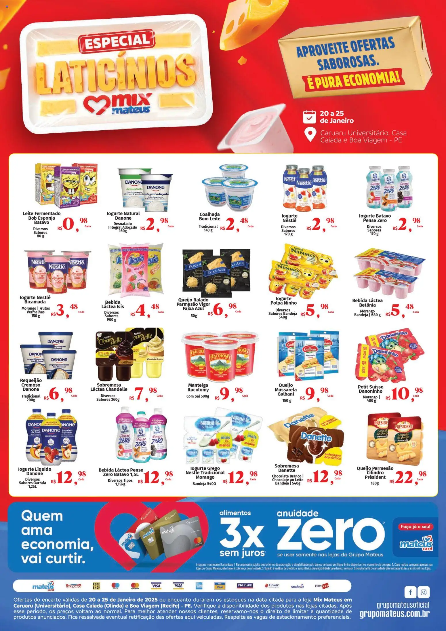 Pré-Visualização do folheto "Ofertas Festival de Laticínios" da loja Mateus válido a partir de 20/01/2026 - Frutas, Sal, Bebida, Queijo, Esponja, Chocolate branco, Parmesão, Queijo ralado
