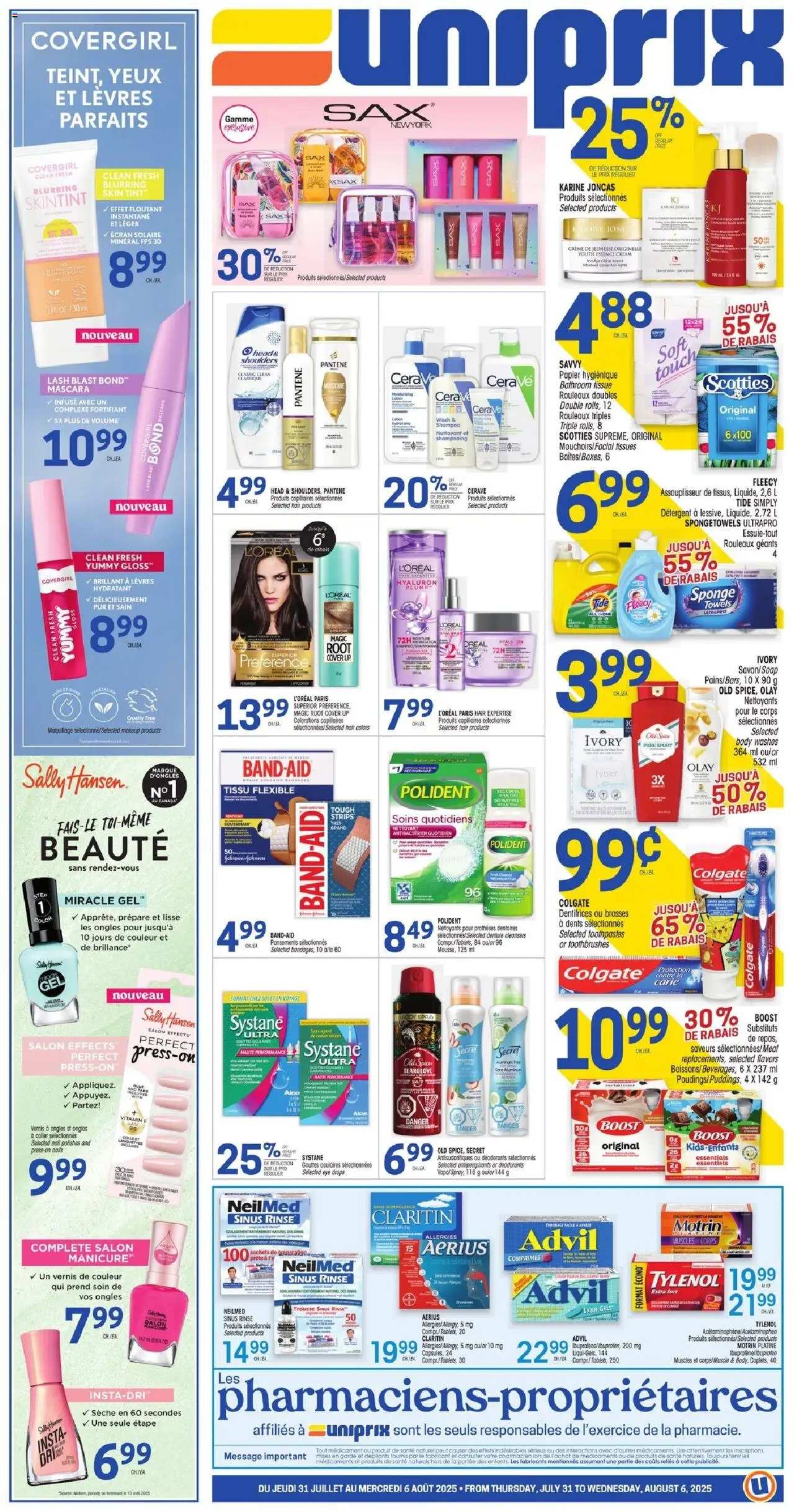 Uniprix flyer valid from Jul 31, 2025 - page number 1 - Cream, Eye drops, Sponge, Mascara, Shampoo, Towels, Tissues, Detergent