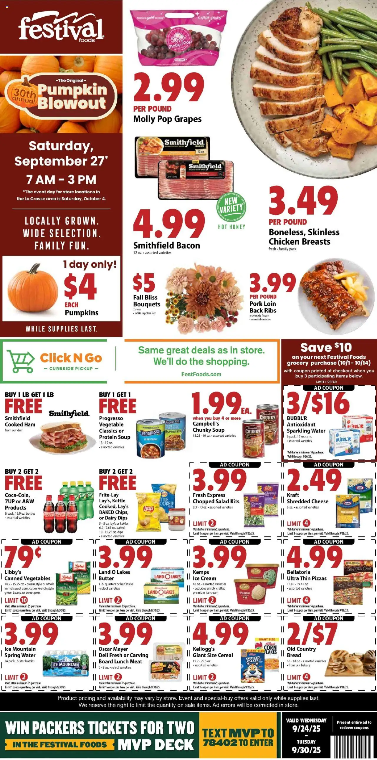 Ad Preview of Festival Foods Weekly Ad from 09/24/2025 - Salad, Pumpkin, Cereal, Grapes, Pork, Vanilla, Kettle, Flakes