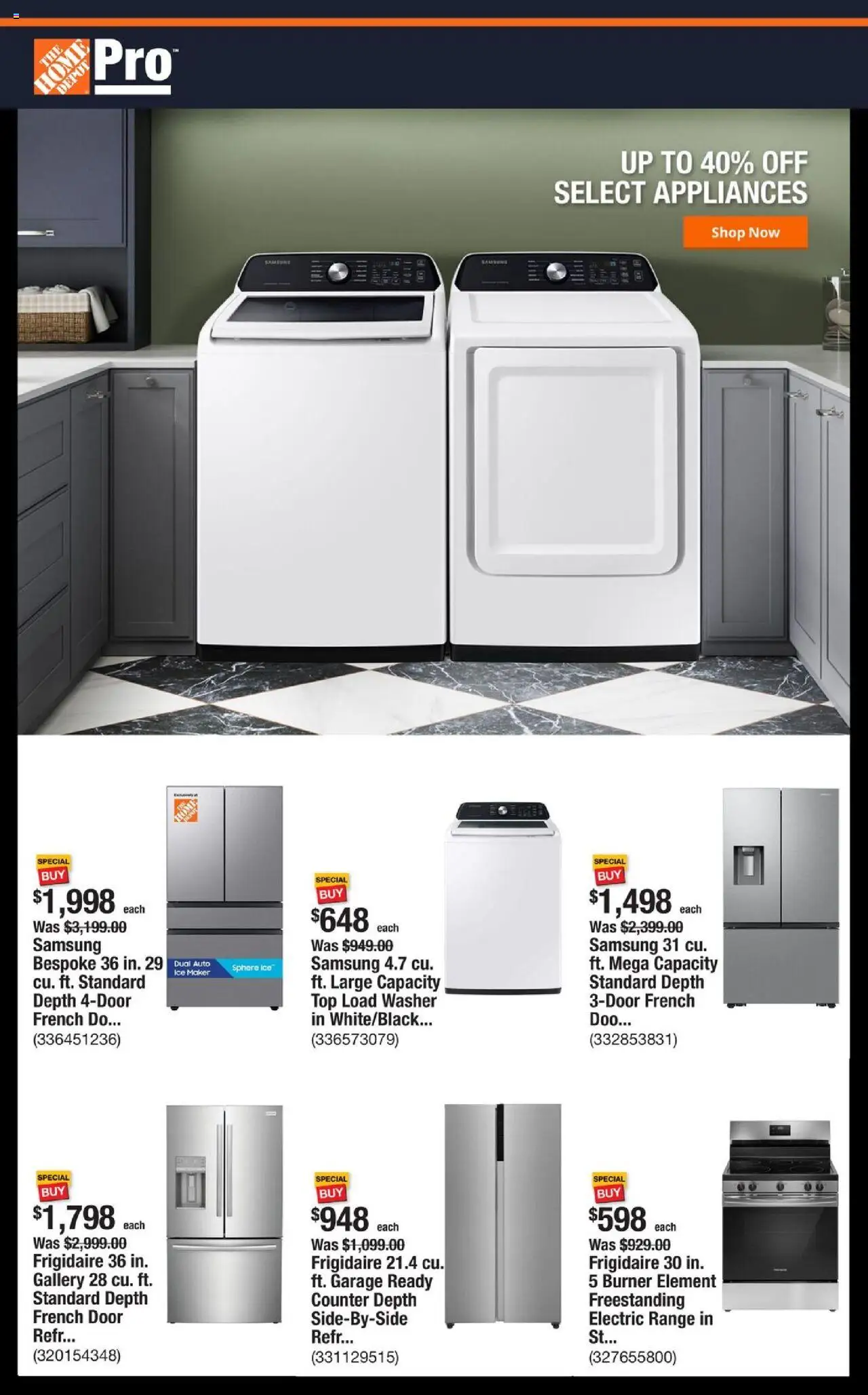 Home Depot Shop Pro Ad - FL from 10/13/2025 - Flyer - Page number 1 - Ice, Ice Maker, Washer