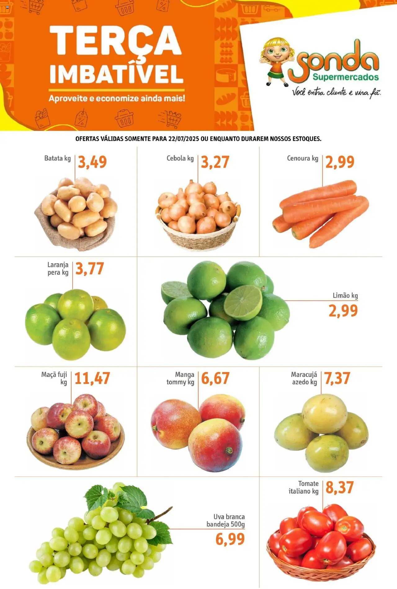 Sonda folheto "Ofertas Terça Imbativel" válido a partir de 22/07/2025 - número de página 1 - Maracujá, Pera, Tomate, Cebola, Uva, Manga, Bandeja, Batata
