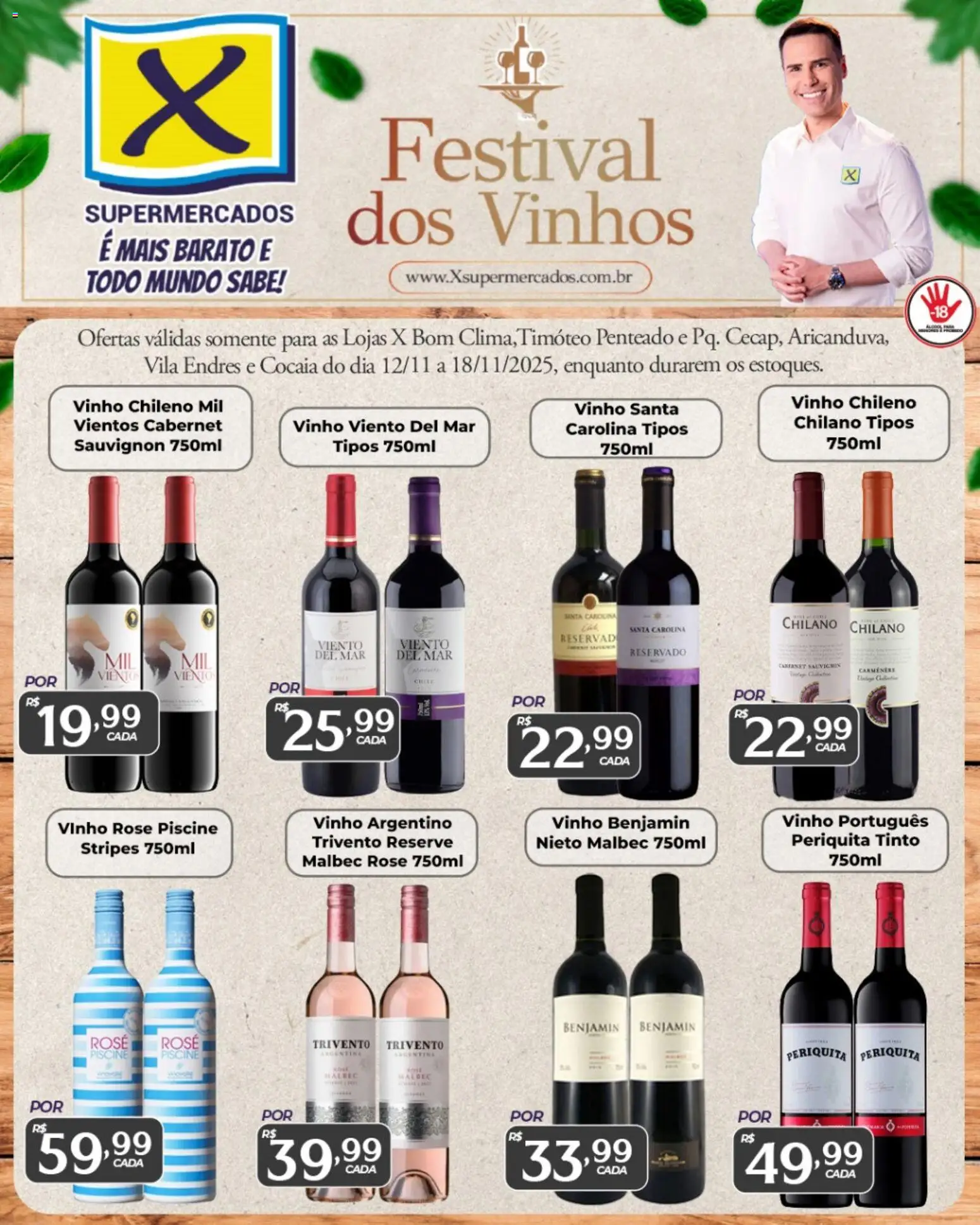 Pré-Visualização do folheto "Ofertas Festival dos Vinhos" da loja X Supermercados válido a partir de 12/11/2025 - Vinho, Vinho rosé, Benjamin, Vinho santa carolina