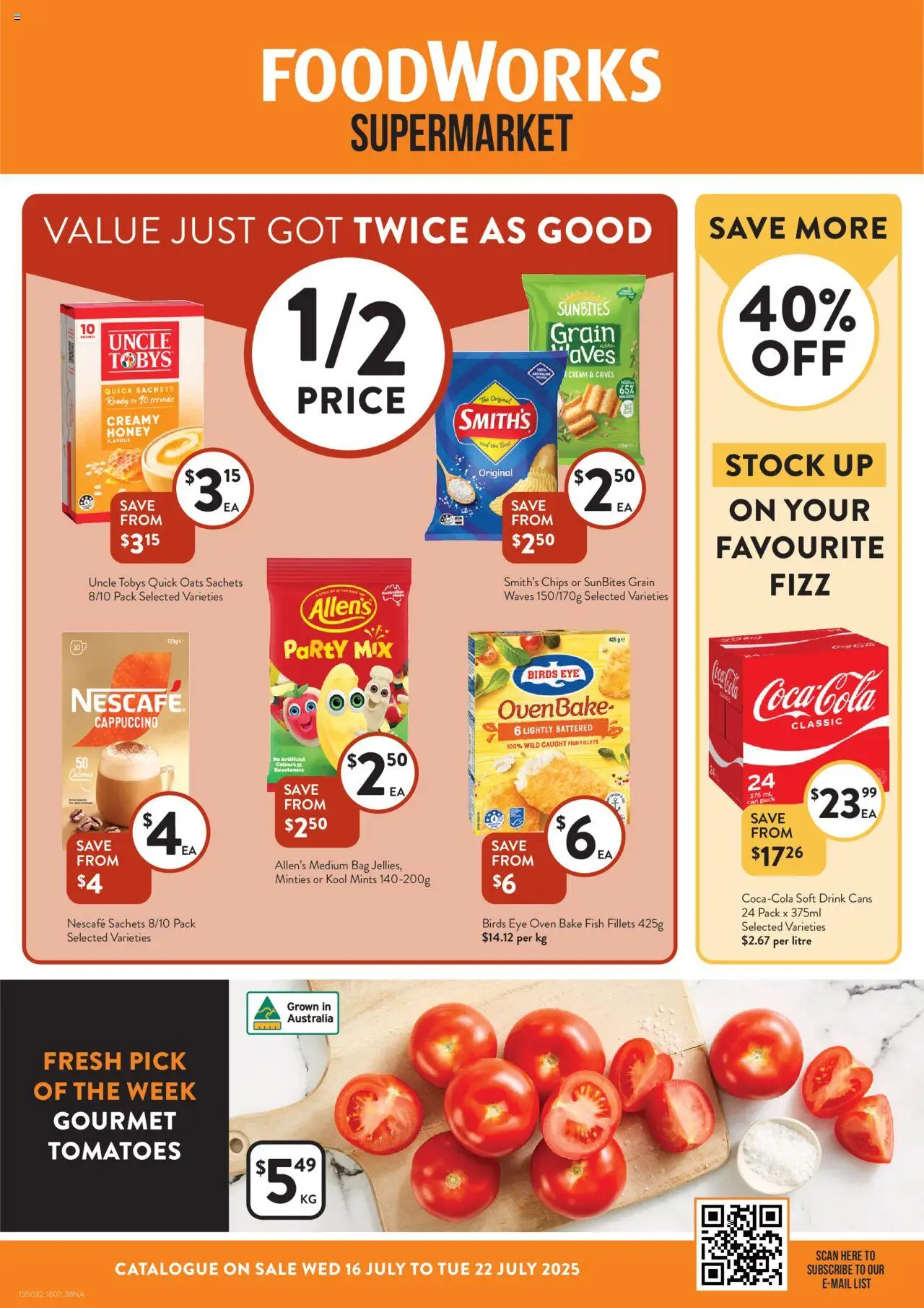 Foodworks catalogue valid from 16/07/2025 - page 1 - Sweeteners, Honey, Tomatoes, Oats, Sachets, Cappuccino, Nescafe, Oven