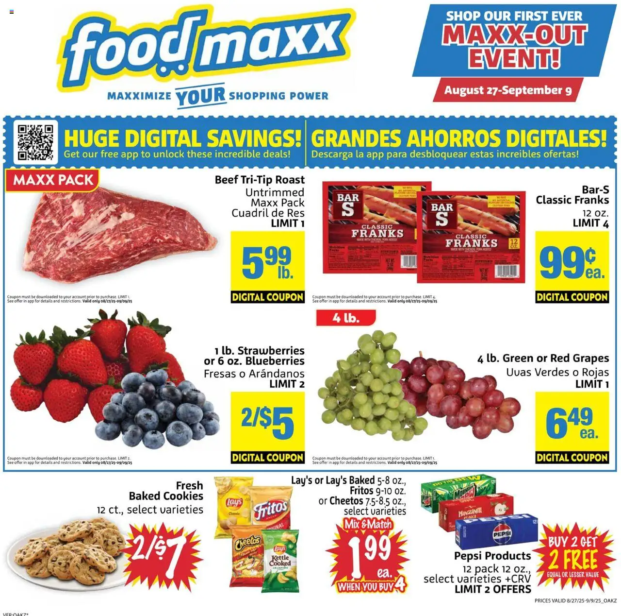 FoodMaxx Weekly Ad - CA from 08/27/2025 - Flyer - Page number 1 - Cookies, Strawberries, Blueberries, Pepsi, Grapes, Beef, Kettle