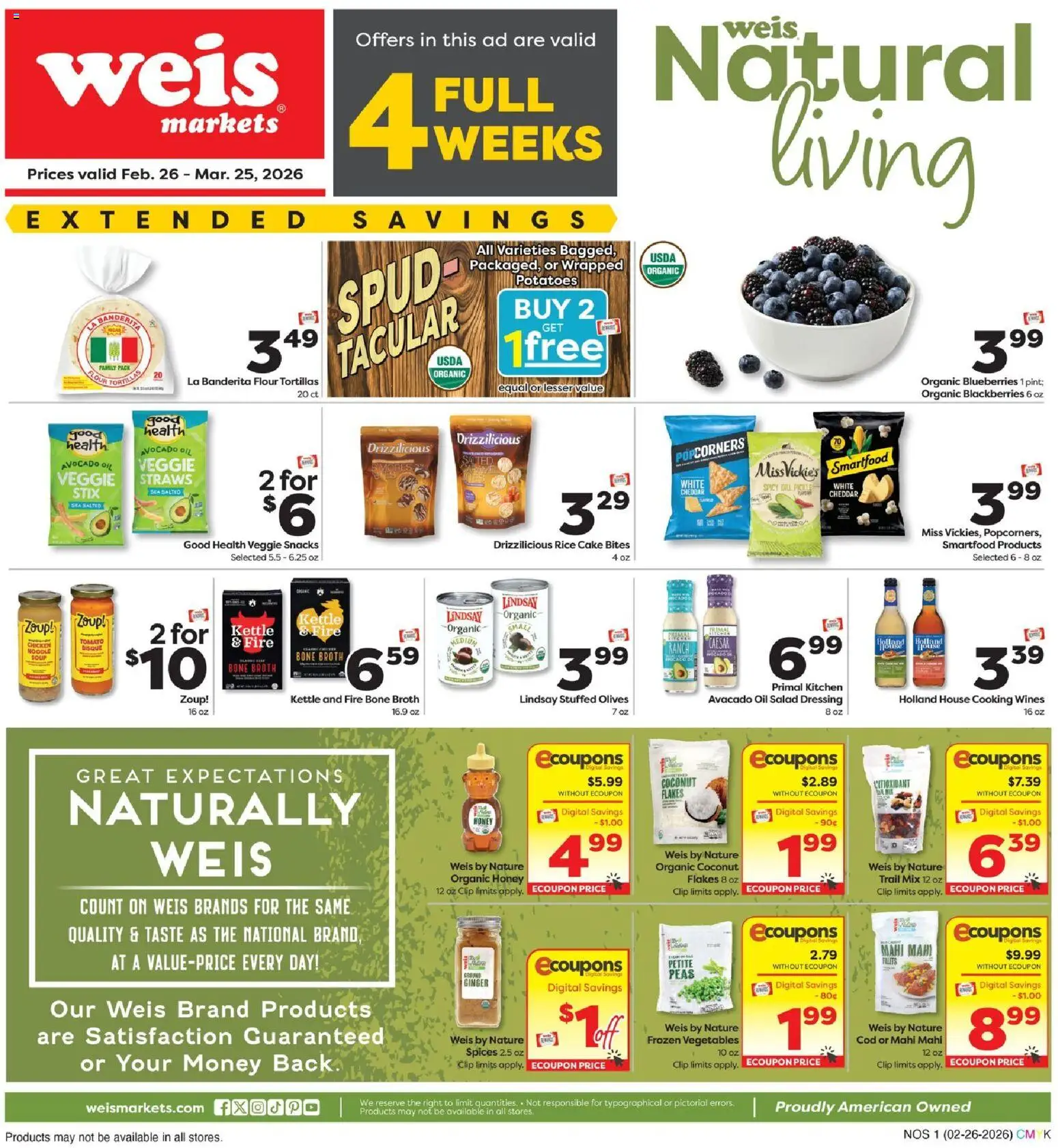 Ad Preview of Weis Natural Living from 02/26/2026 - Honey, Vegetables, Blueberries, Rice, Coconut, Olives, Dill, Avocado oil