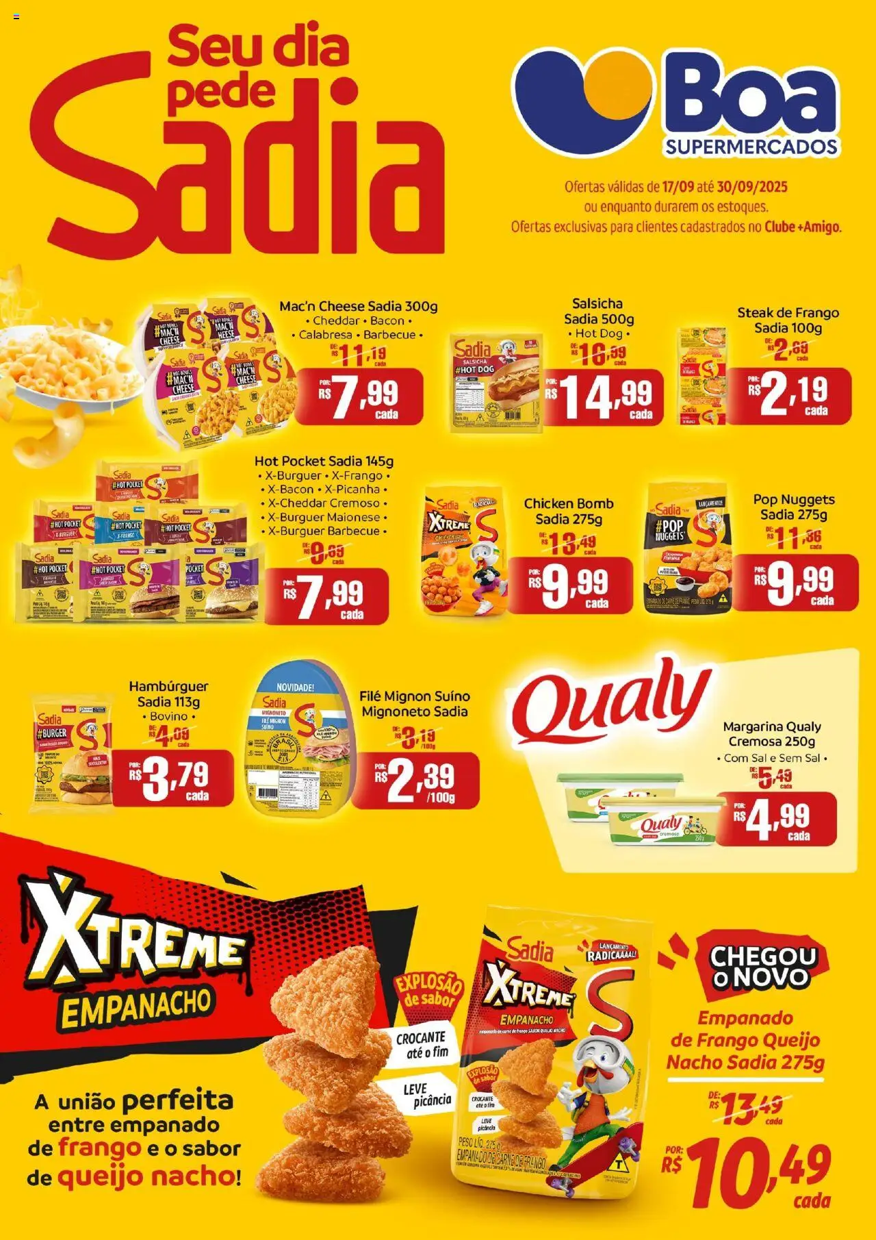 Boa Supermercados folheto "Ofertas Sadia" válido a partir de 17/09/2025 - número de página 1 - Hambúrguer, Sal, Salsicha, Queijo, Maionese, Cheddar, Filé mignon, Steak