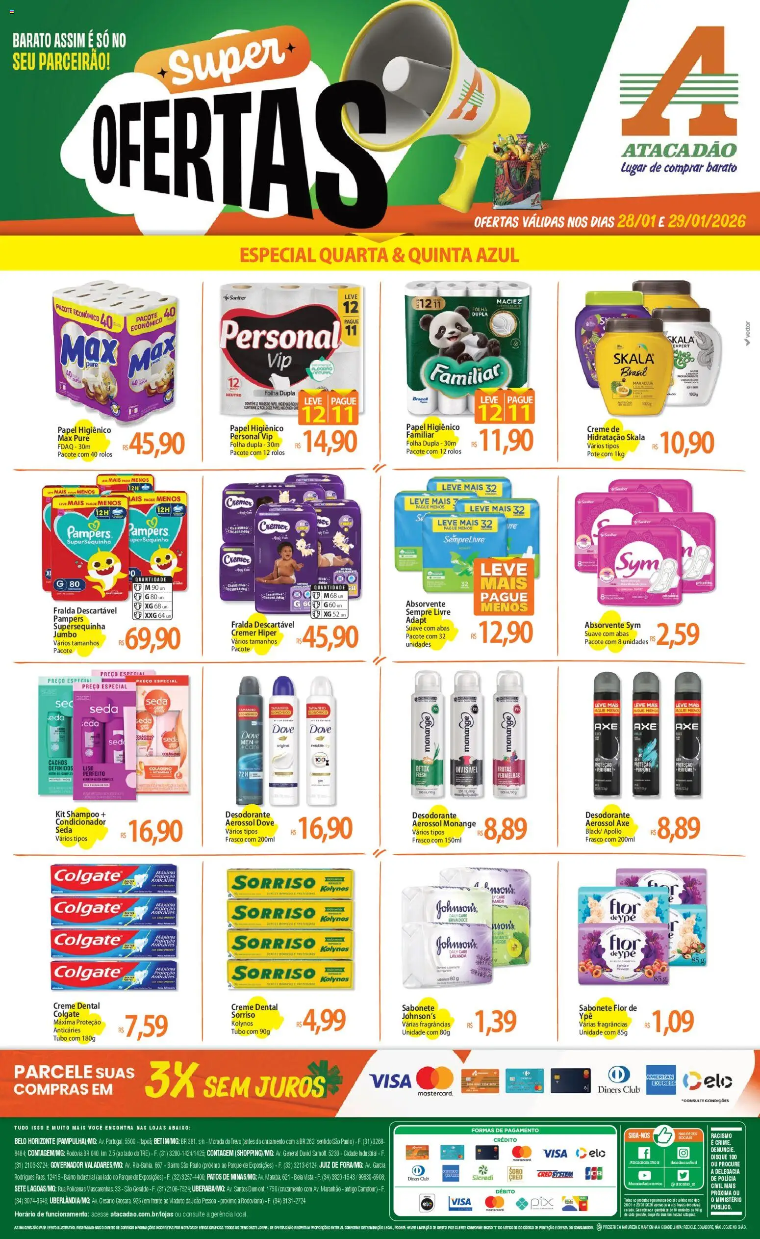 Pré-Visualização do folheto "Ofertas - MG" da loja Atacadão válido a partir de 28/01/2026 - Frutas, Vitamina c, Colágeno, Absorvente, Desodorante, Sabonete, Pampers, Papel higiênico