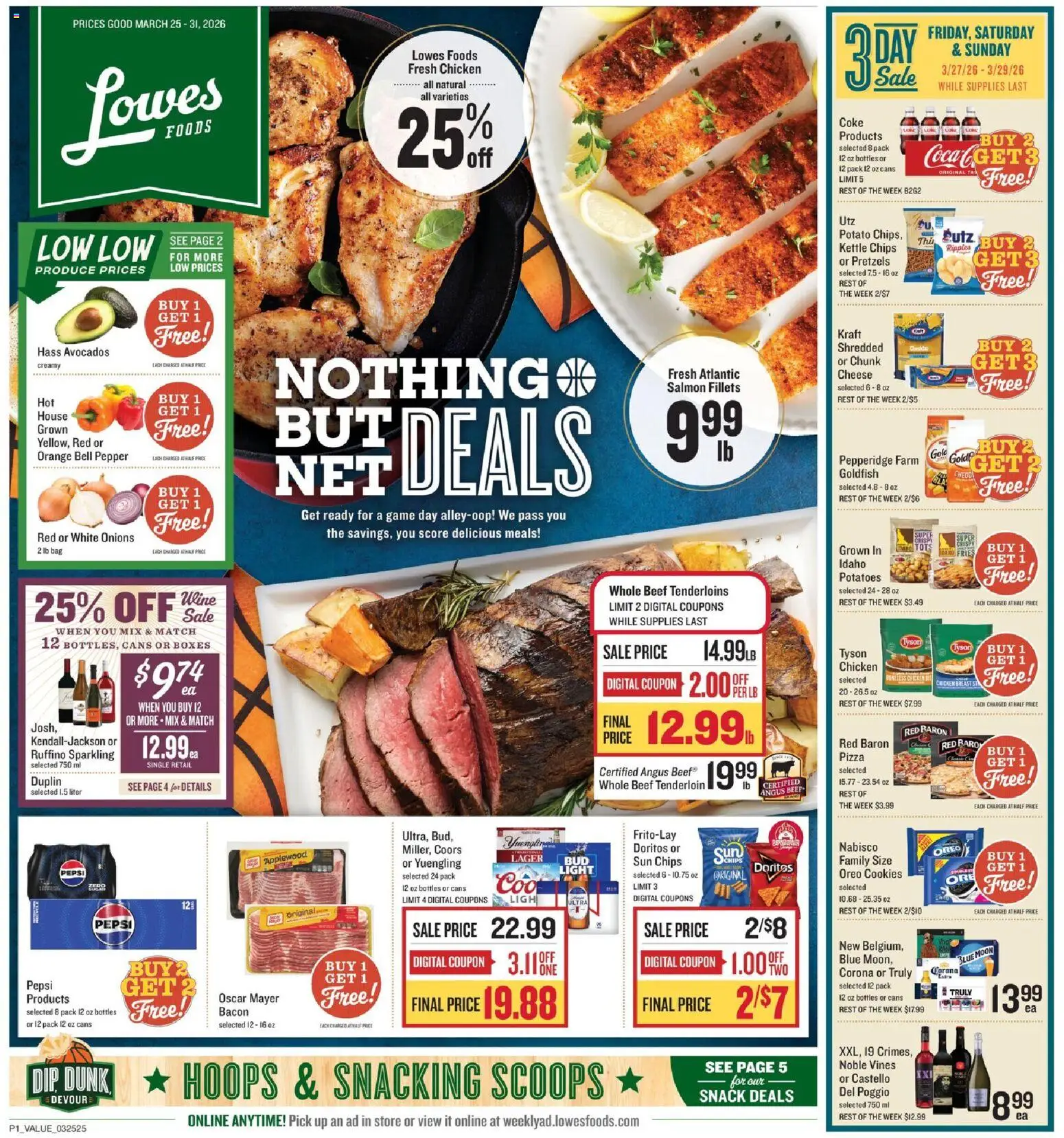 Ad Preview of Lowes Foods Lowes Foods Weekly Ad - NC from 03/25/2026 - Pizza, Game, Charger, Wine, Cheese, Oreo, Beef tenderloin, Chicken
