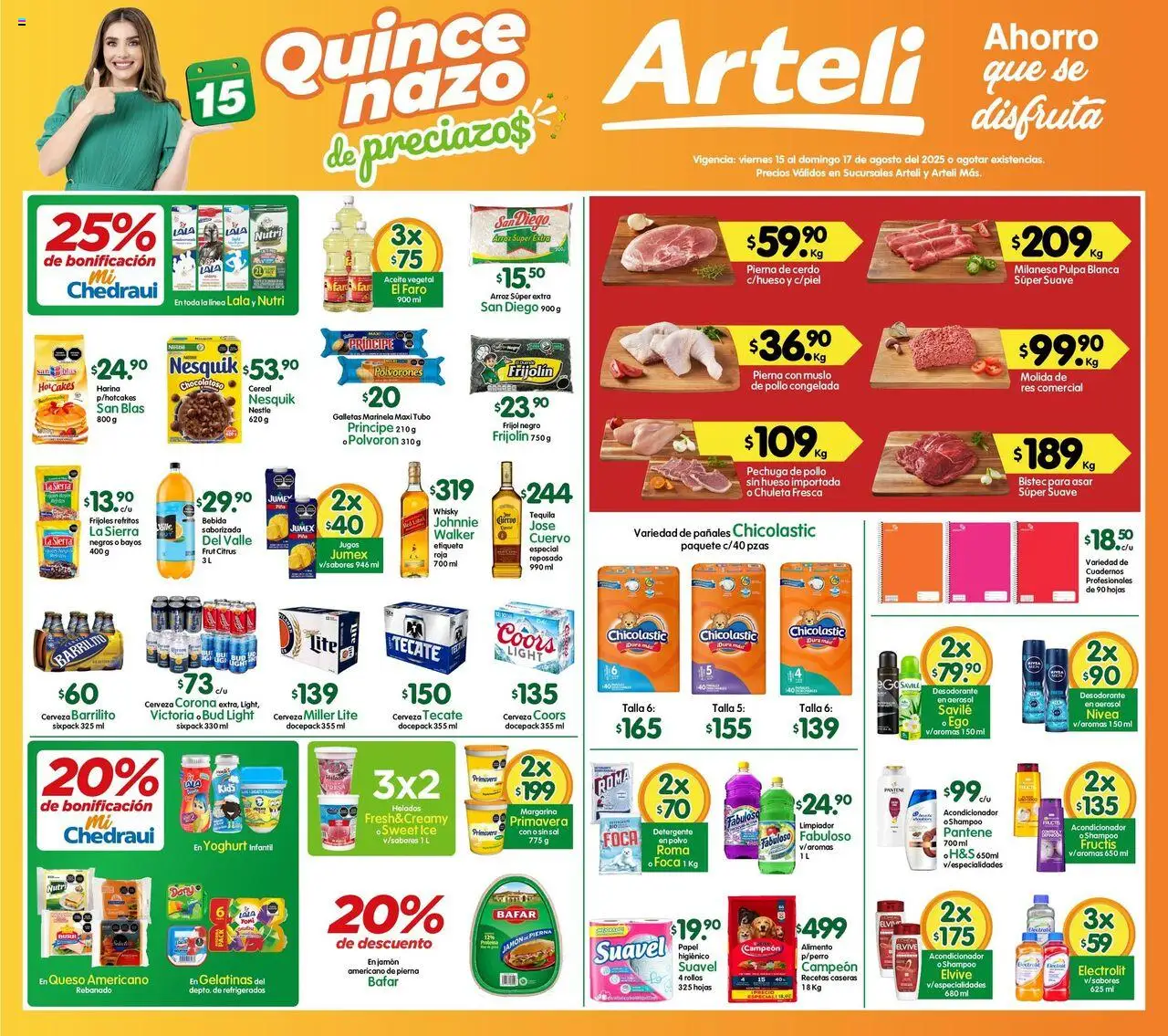 Folleto Arteli Arteli y sus promociones válidas desde el 15/08/2025 - Número de página 1 - Tequila, Cerveza, Galletas, Shampoo, Queso, Arroz, Sierra, Res