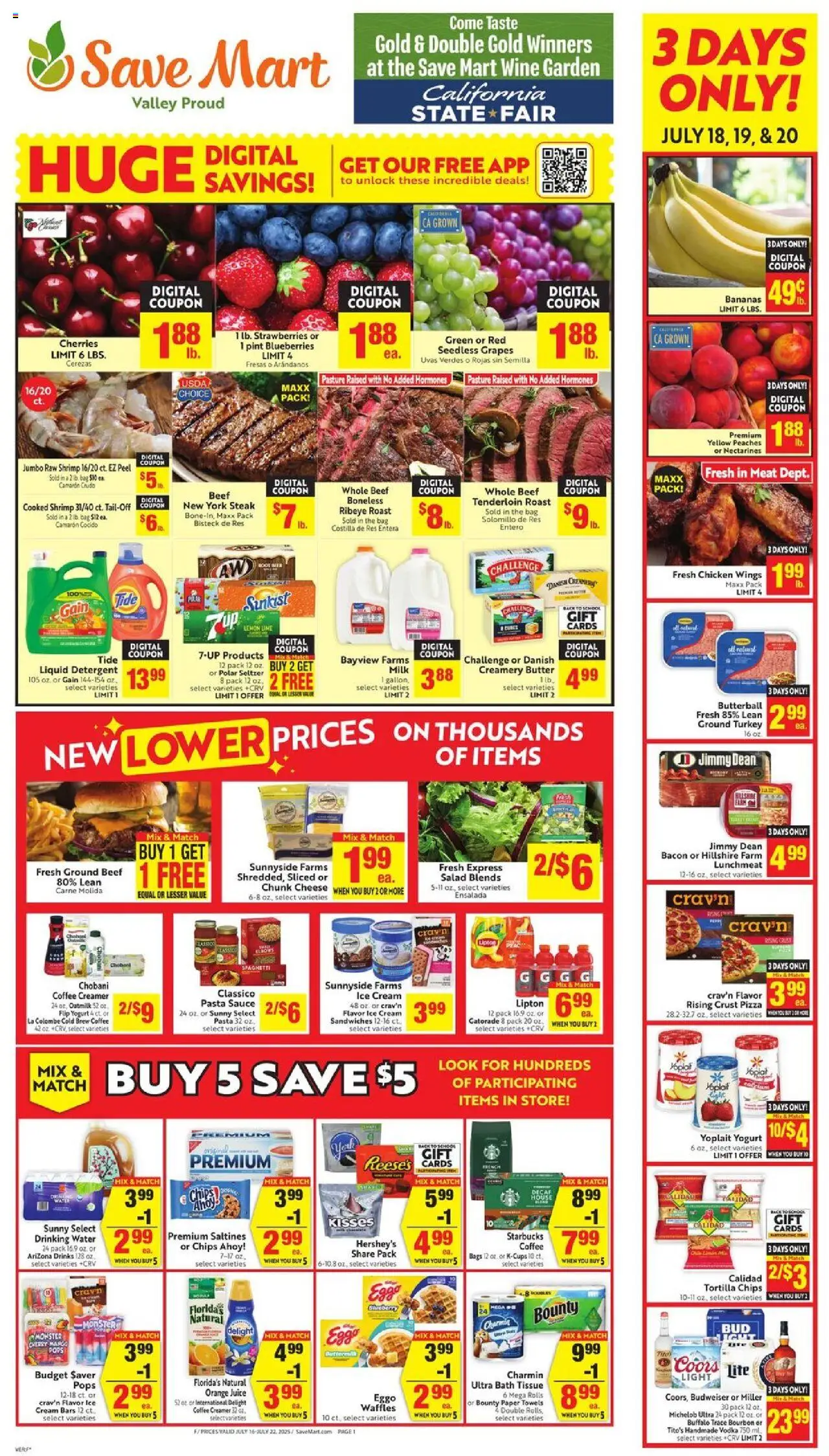 Save Mart Weekly Ad from 07/16/2025 - Flyer - Page number 1 - Nectarines, Juice, Strawberries, Ice cream, Tortilla chips, Mango, Lime, Paper towels