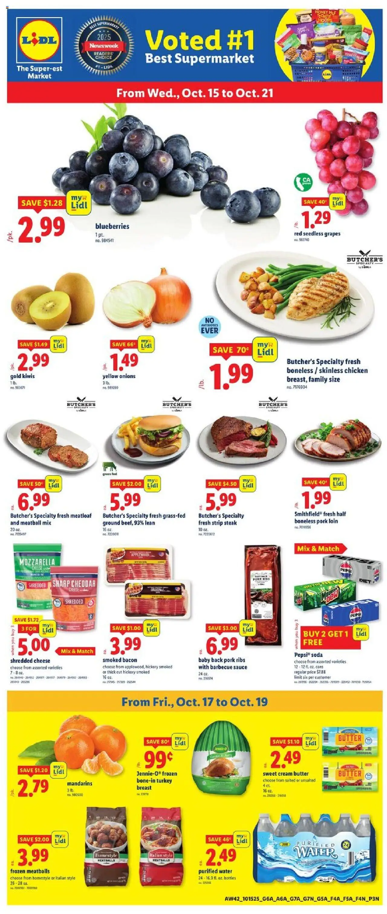Lidl Weekly Ad - GA from 10/15/2025 - Circular, Weekly flyer - Page number 1 - Water, Blueberries, Butter, Pepsi, Mandarins, Cream, Pork loin, Barbecue sauce