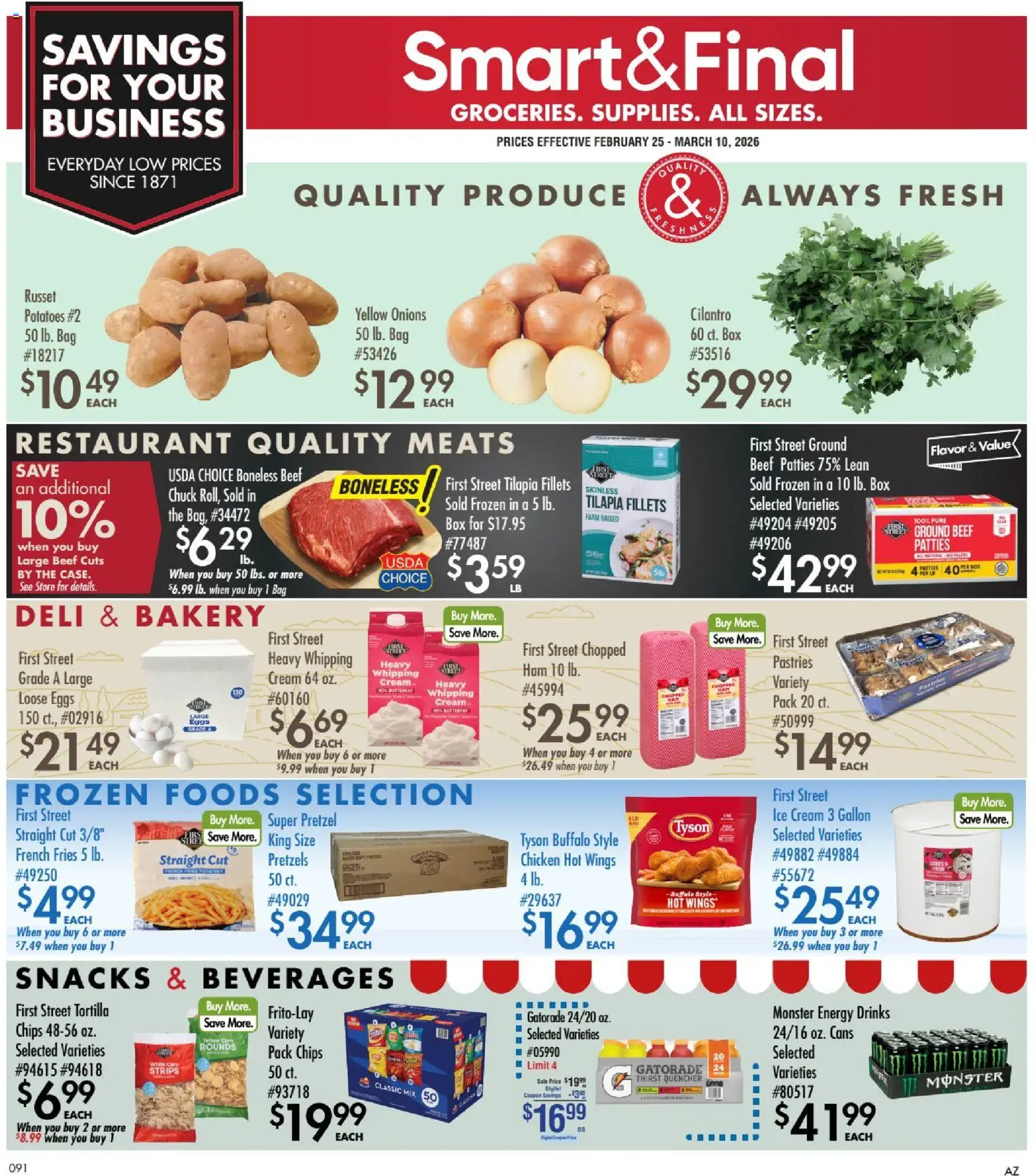 Ad Preview of Smart & Final Business & Club from 02/25/2026 - Bakery, Box, Snacks, Peach, Tilapia, Beef, Ground beef, Beverages