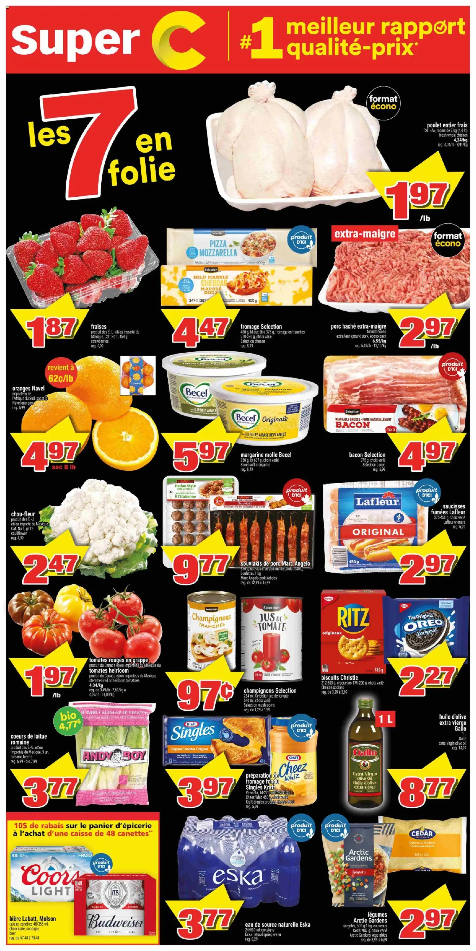 Preview of leaflet Weekly flyer / circulaire from shop Super C is valid from Jan 22, 2026 - Fraises, Jus, Thé, Huile, Poulet entier, Fromage fondu, Huile d'olive extra vierge, Poulet