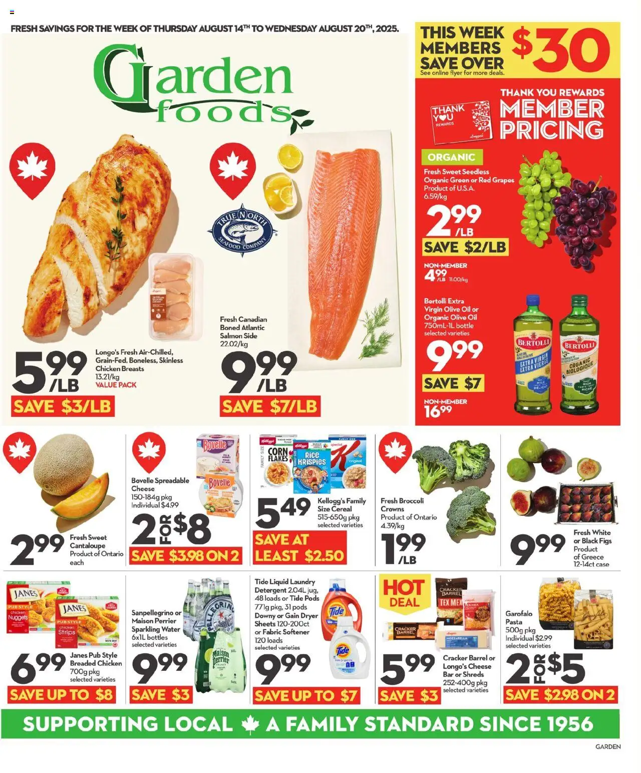 Longo's flyer valid from Aug 14, 2025 - page number 1 - Chicken, Seafood, Oil, Dryer, Grapes, Strips, Case, Detergent
