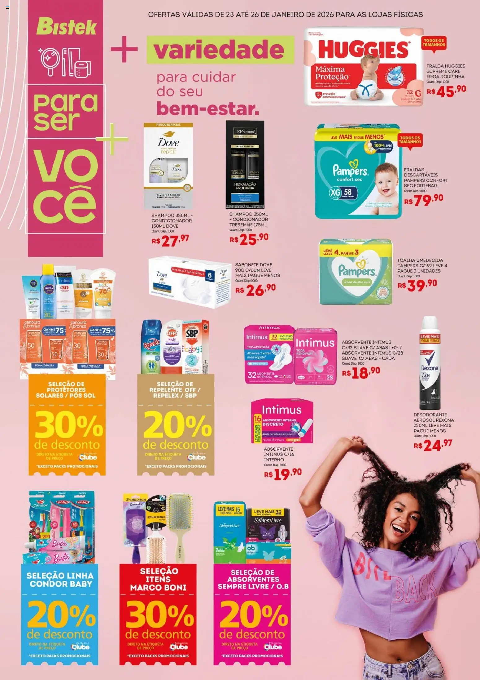 Pré-Visualização do folheto "Ofertas Para ser + Você " da loja Bistek Supermercados válido a partir de 23/01/2026 - Fraldas, Pampers, Rexona, Aloe Vera, Absorvente interno, Condicionador, Sempre Livre, Toalha umedecida