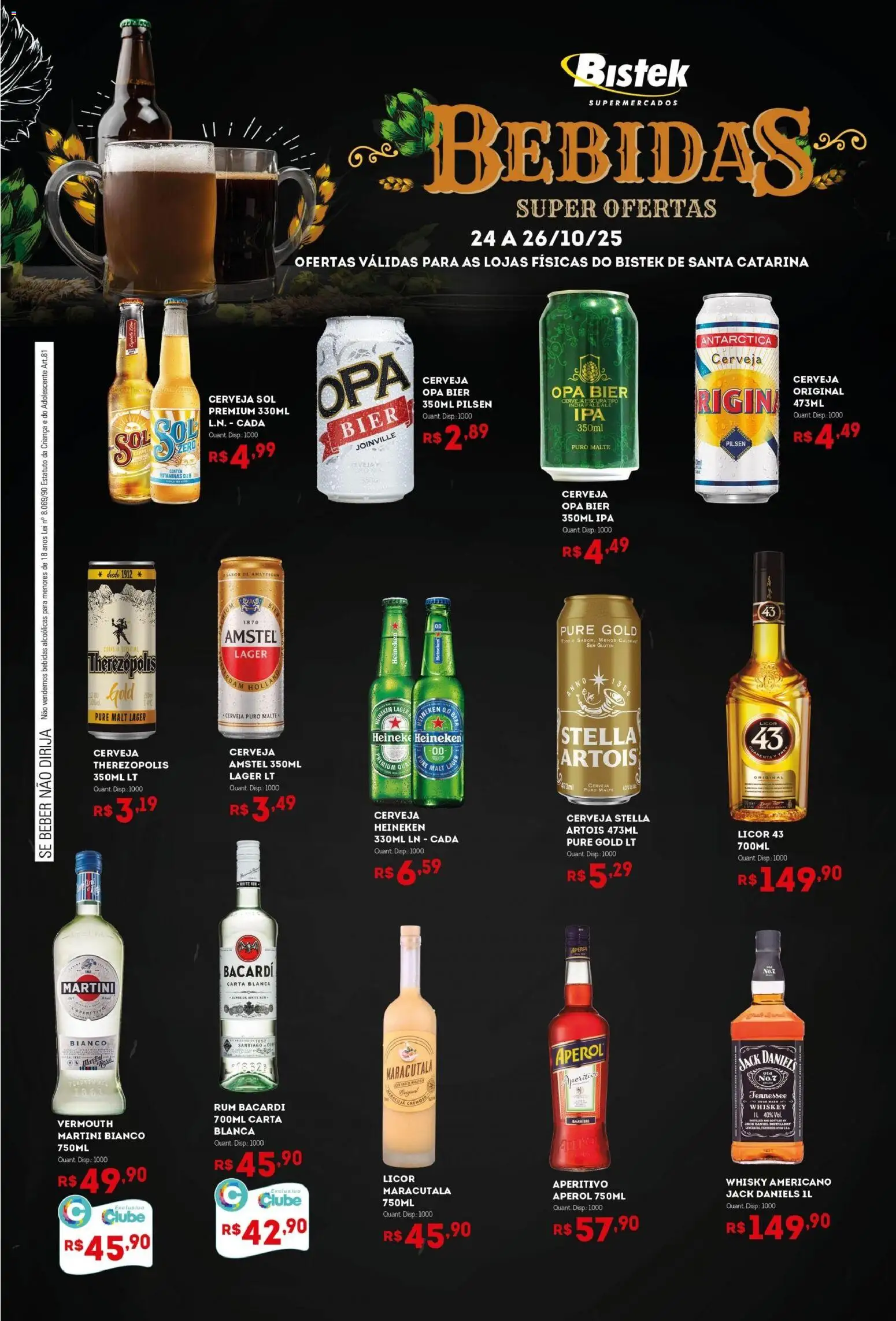 Pré-Visualização do folheto "Ofertas Bebidas" da loja Bistek Supermercados válido a partir de 24/10/2025 - Whisky, Aperol, Bebidas, Licor, Martini, Rum, Bacardi, Martini Bianco