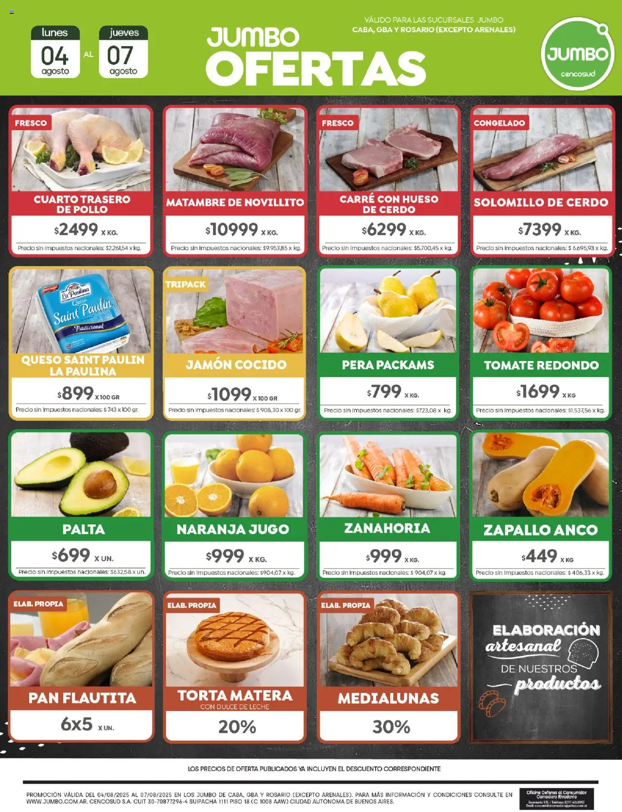 Jumbo Oferta - Rosario del 04/08/2025 >> Catálogo - Rosario, Torta, Pollo, Zapallo, Pan, Tomate, Pera, Jamón cocido