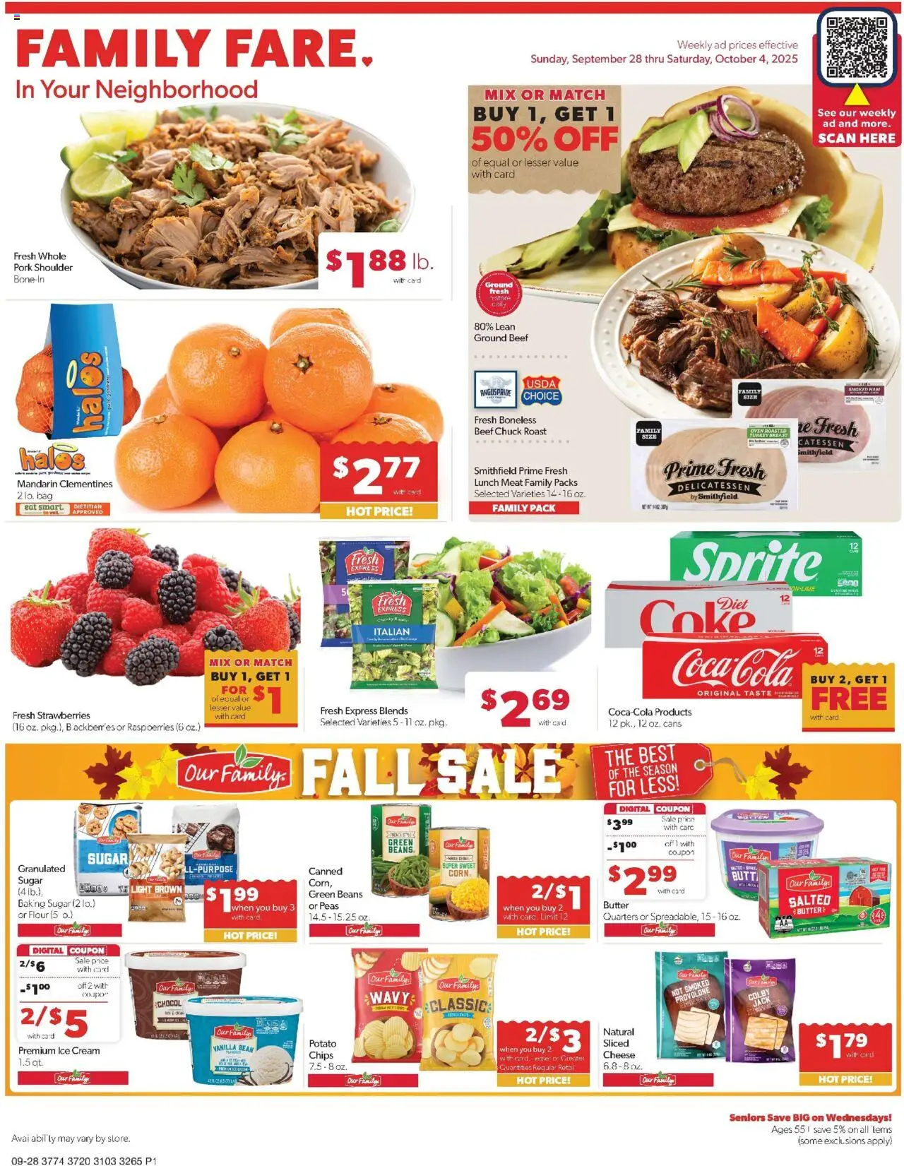 Family Fare Weekly Ad - IA from 09/28/2025 - Flyer - Page number 1 - Chips, Butter, Beans, Bag, Oven, Vanilla bean, Pork shoulder, Beef chuck